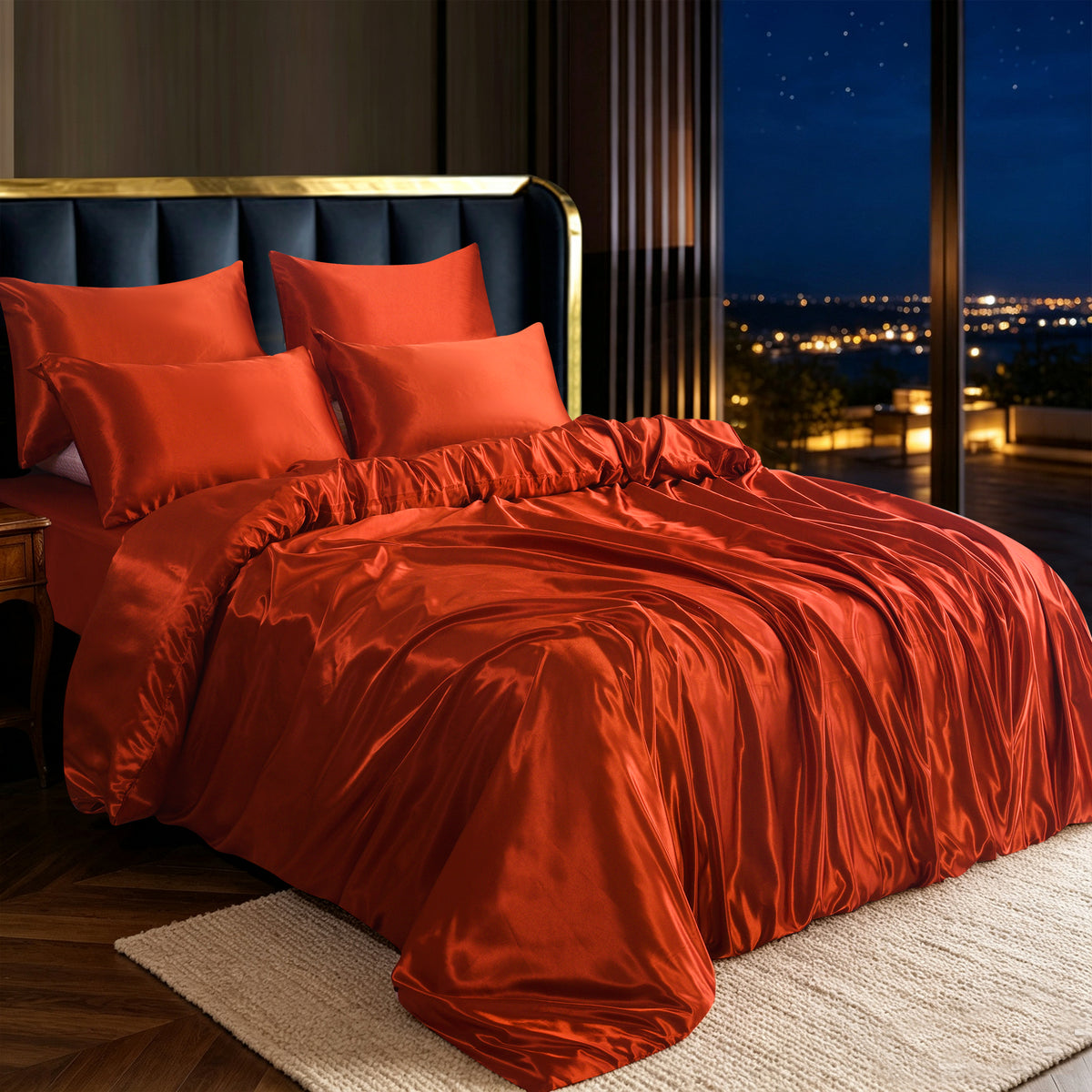 Luxury Satin Silk Bedding Set 6 Piece Duvet Cover Fitted Sheet & Pillowcases Single Double King Super King