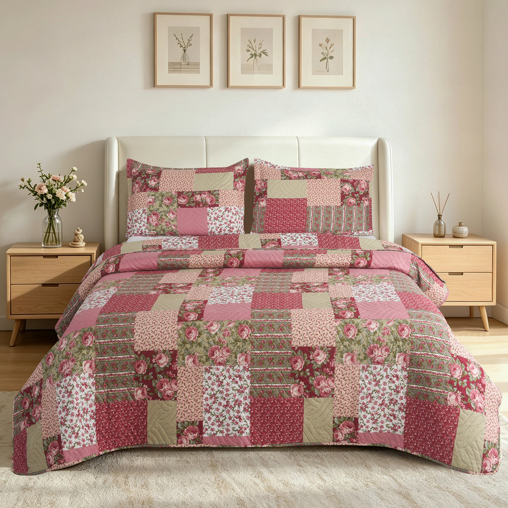 3 Piece Luxury Quilted Bedspread Set – Reversible Floral Patchwork Bedspread with Pillow Shams | Soft Microfibre Bed Throw for Double & King Size Beds