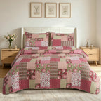 3 Piece Luxury Quilted Bedspread Set – Reversible Floral Patchwork Bedspread with Pillow Shams | Soft Microfibre Bed Throw for Double & King Size Beds