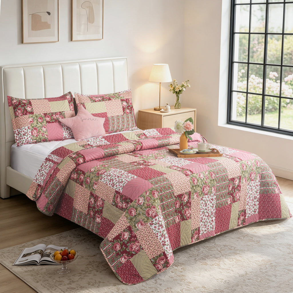 3 Piece Luxury Quilted Bedspread Set – Reversible Floral Patchwork Bedspread with Pillow Shams | Soft Microfibre Bed Throw for Double & King Size Beds