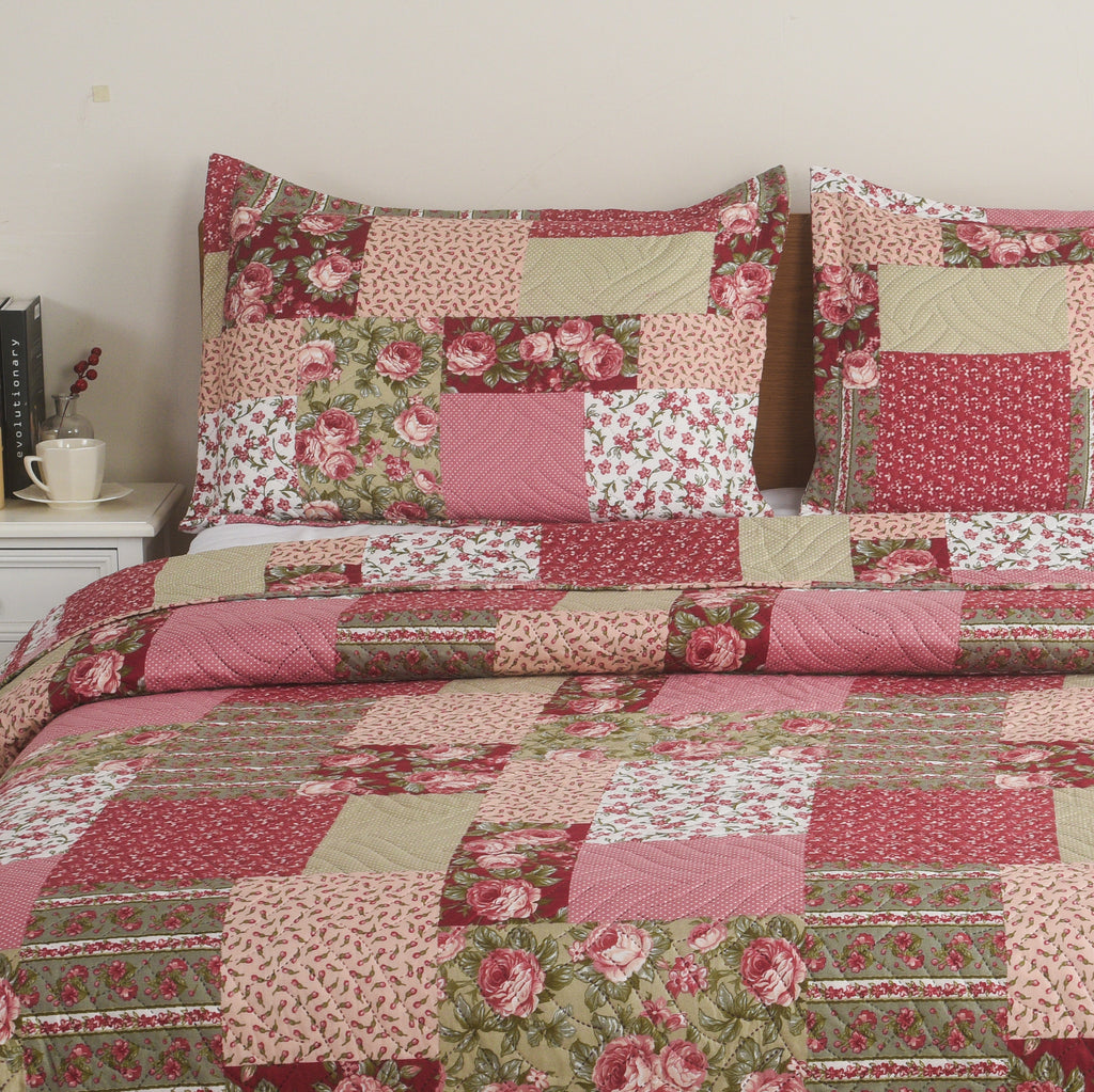 3 Piece Luxury Quilted Bedspread Set – Reversible Floral Patchwork Bedspread with Pillow Shams | Soft Microfibre Bed Throw for Double & King Size Beds
