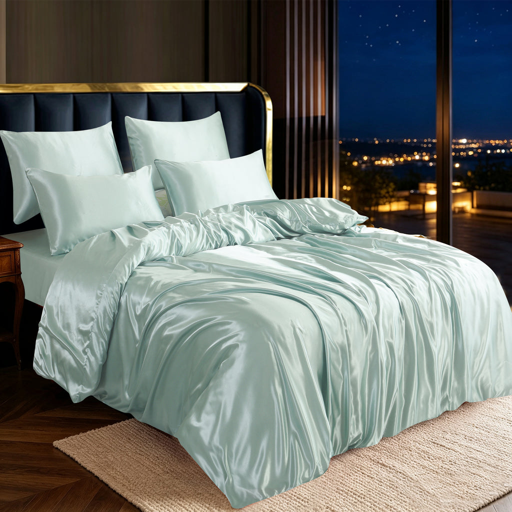 Luxury Satin Silk Bedding Set 6 Piece Duvet Cover Fitted Sheet & Pillowcases Single Double King Super King