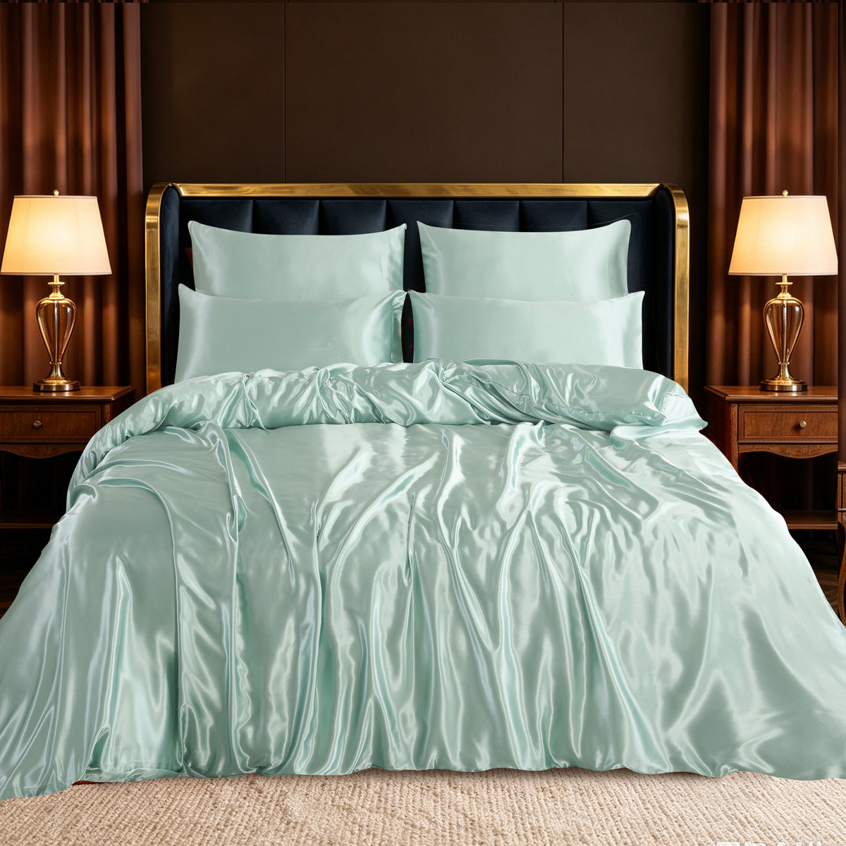 Luxury Satin Silk Bedding Set 6 Piece Duvet Cover Fitted Sheet & Pillowcases Single Double King Super King