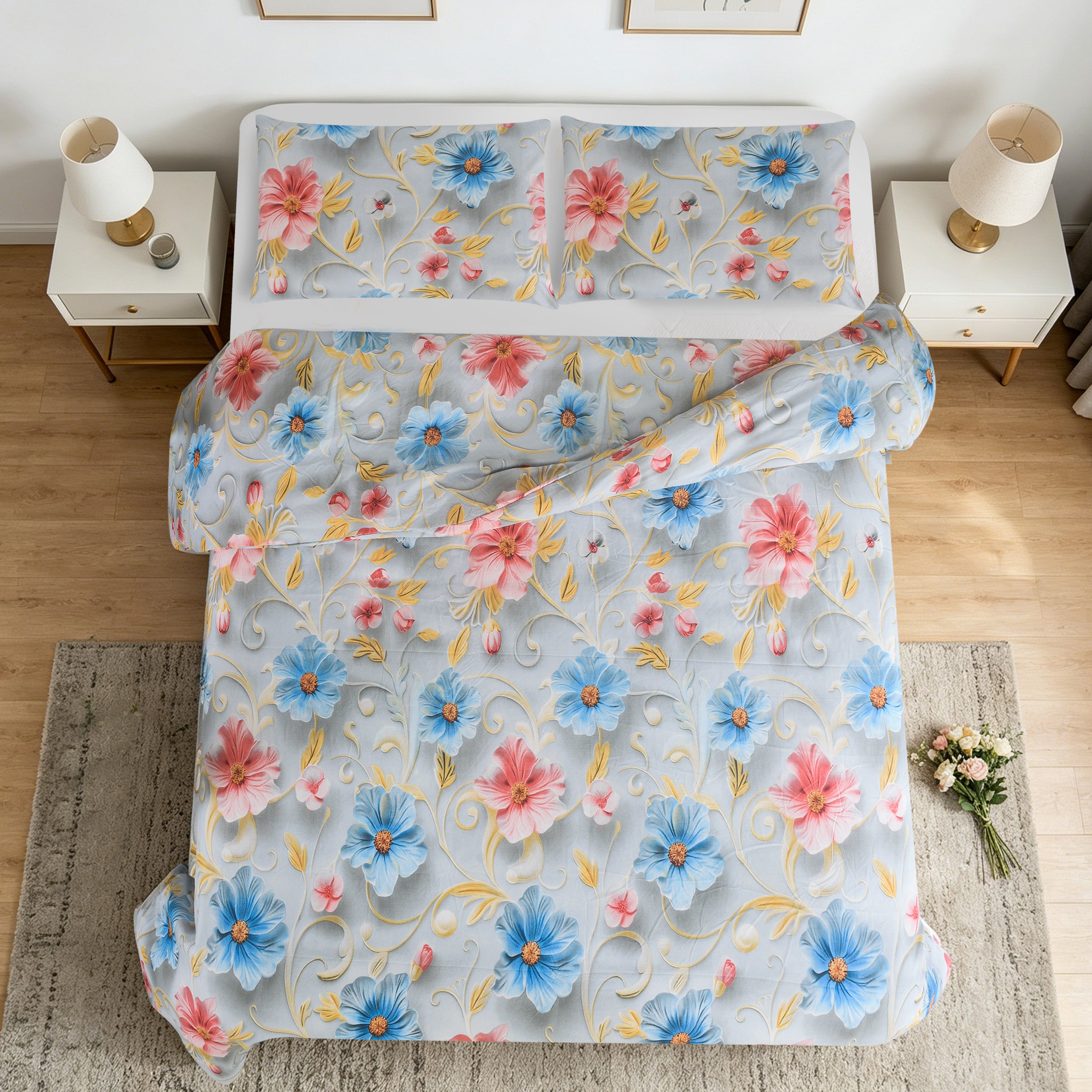 3pcs Printed Floral Duvet Set, Soft Bedding Set for Single Double King Super King, Elegant Duvet Cover Set with Pillowcases