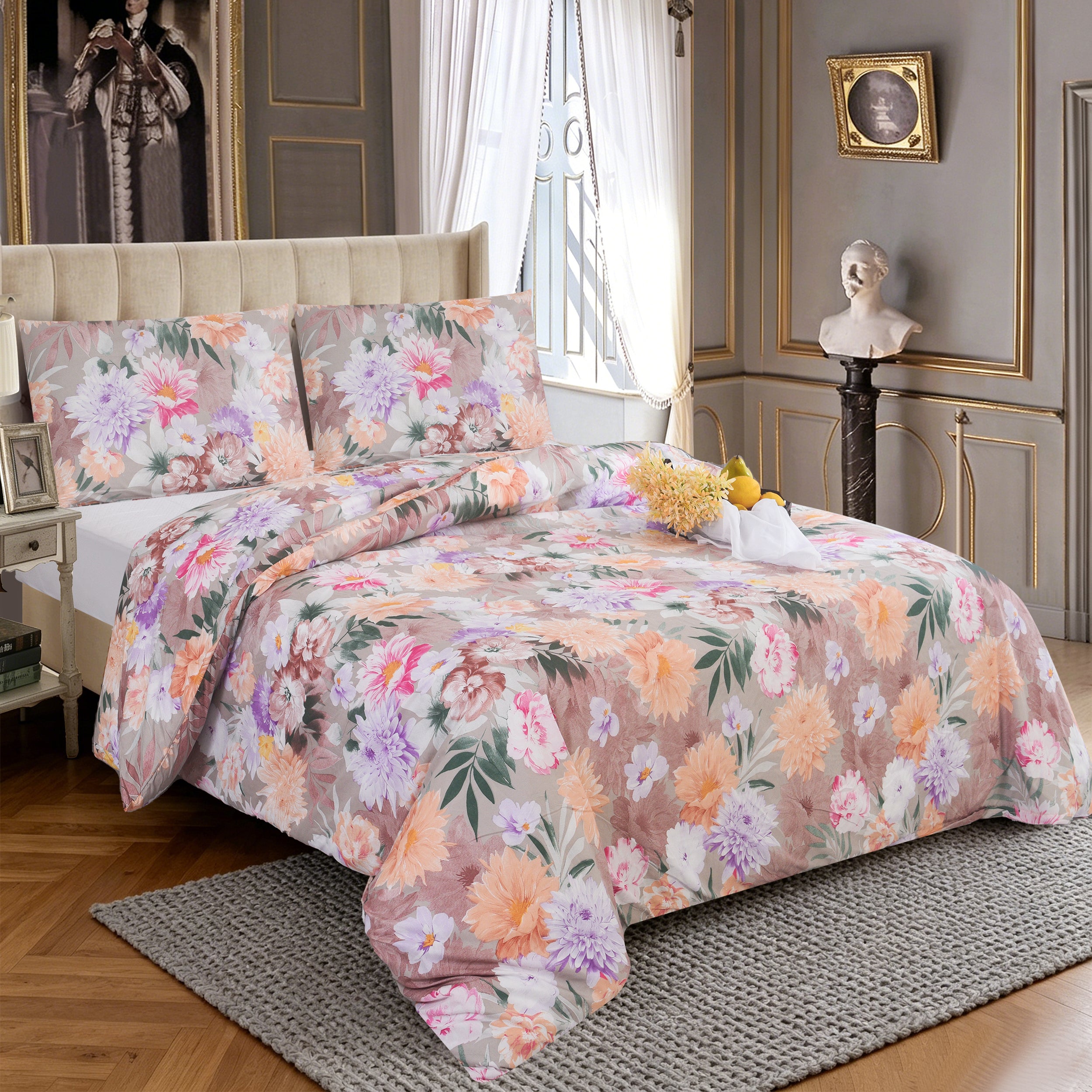 3pcs Printed Floral Duvet Set, Soft Bedding Set for Single Double King Super King, Elegant Duvet Cover Set with Pillowcases