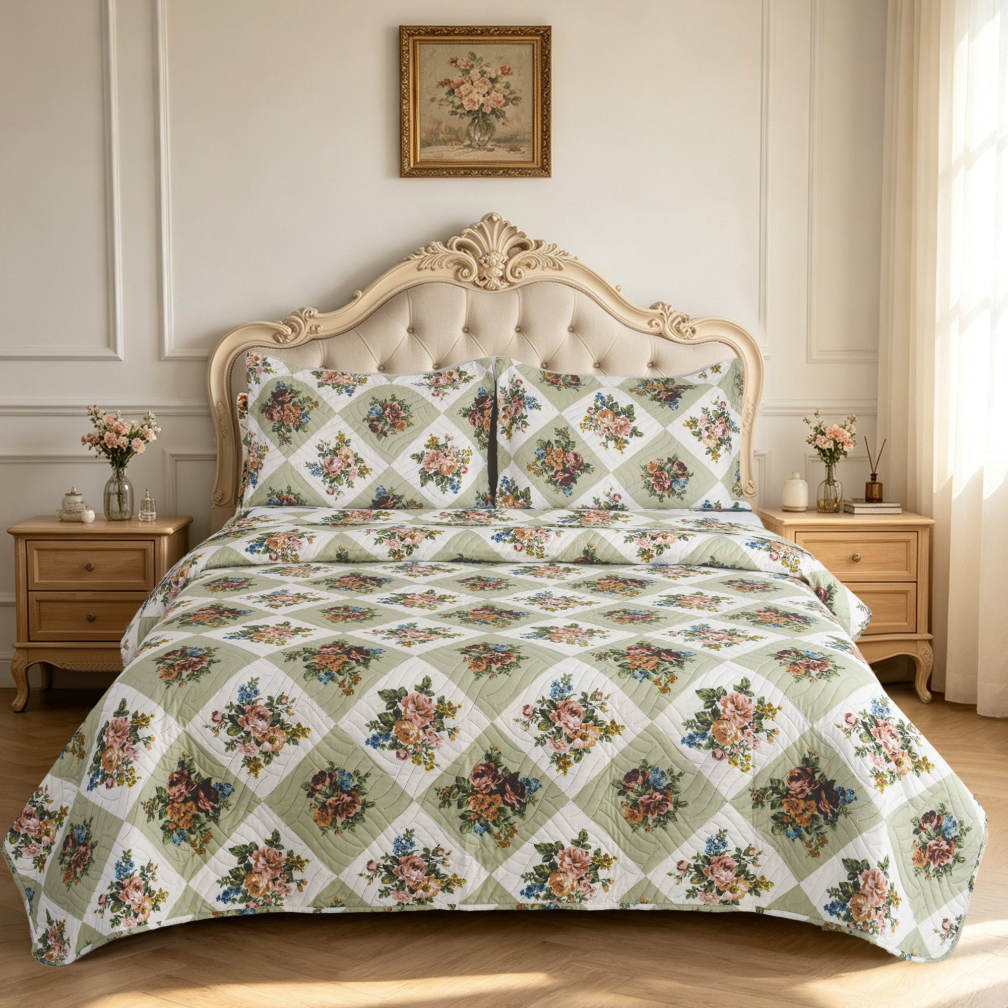 3 Piece Luxury Quilted Bedspread Set – Reversible Floral Patchwork Bedspread with Pillow Shams | Soft Microfibre Bed Throw for Double & King Size Beds