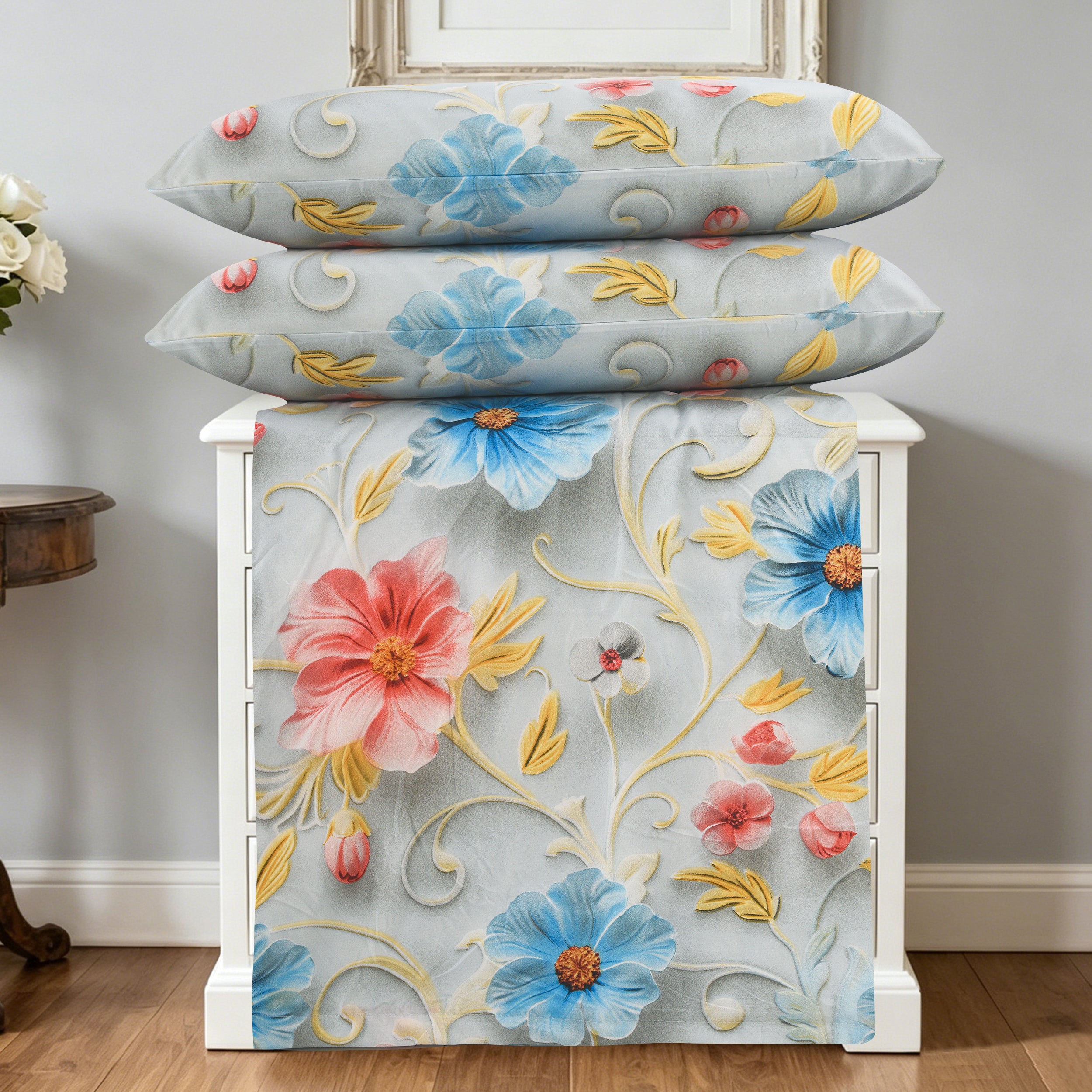 3pcs Printed Floral Duvet Set, Soft Bedding Set for Single Double King Super King, Elegant Duvet Cover Set with Pillowcases