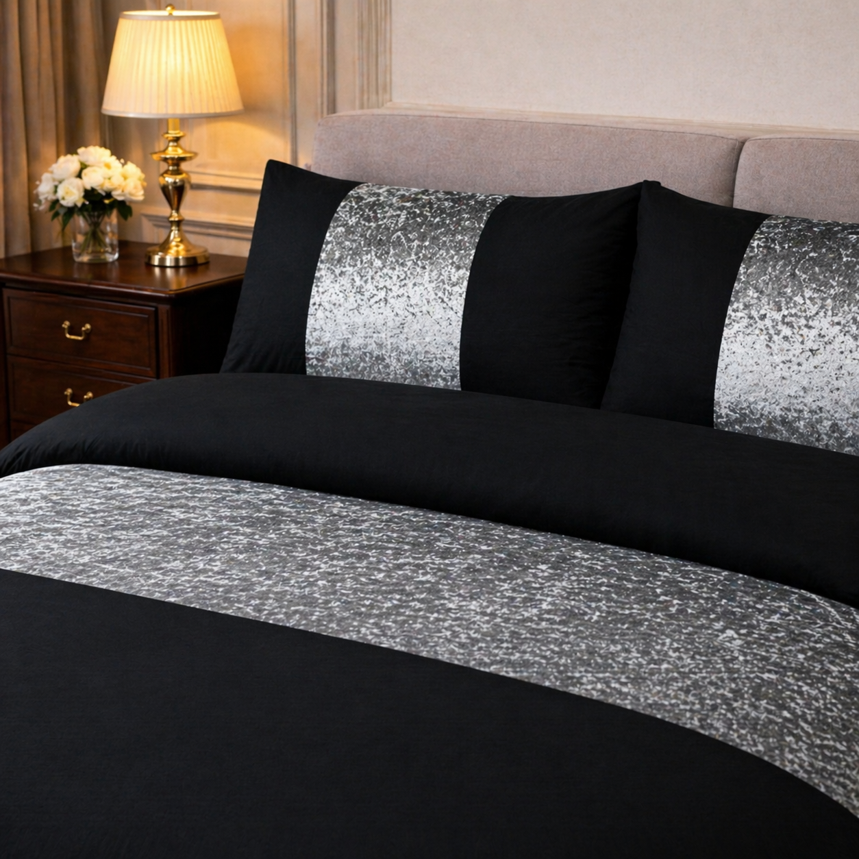 Crushed Velvet Panel Duvet Cover with Matching Pillowcases