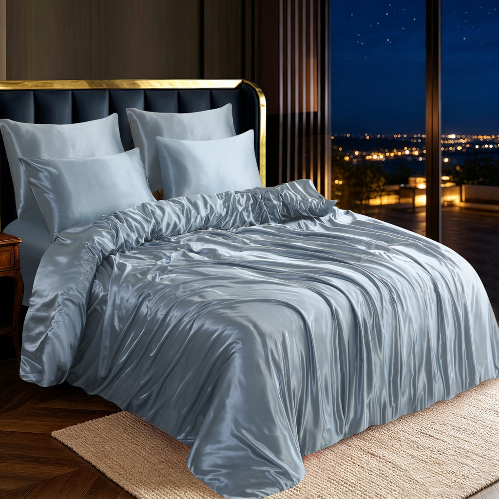 Luxury Satin Silk Bedding Set 6 Piece Duvet Cover Fitted Sheet & Pillowcases Single Double King Super King