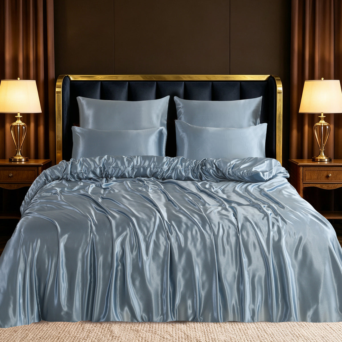 Luxury Satin Silk Bedding Set 6 Piece Duvet Cover Fitted Sheet & Pillowcases Single Double King Super King
