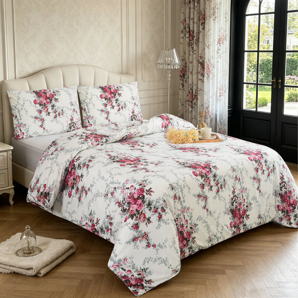 3pcs Printed Floral Duvet Set, Soft Bedding Set for Single Double King Super King, Elegant Duvet Cover Set with Pillowcases