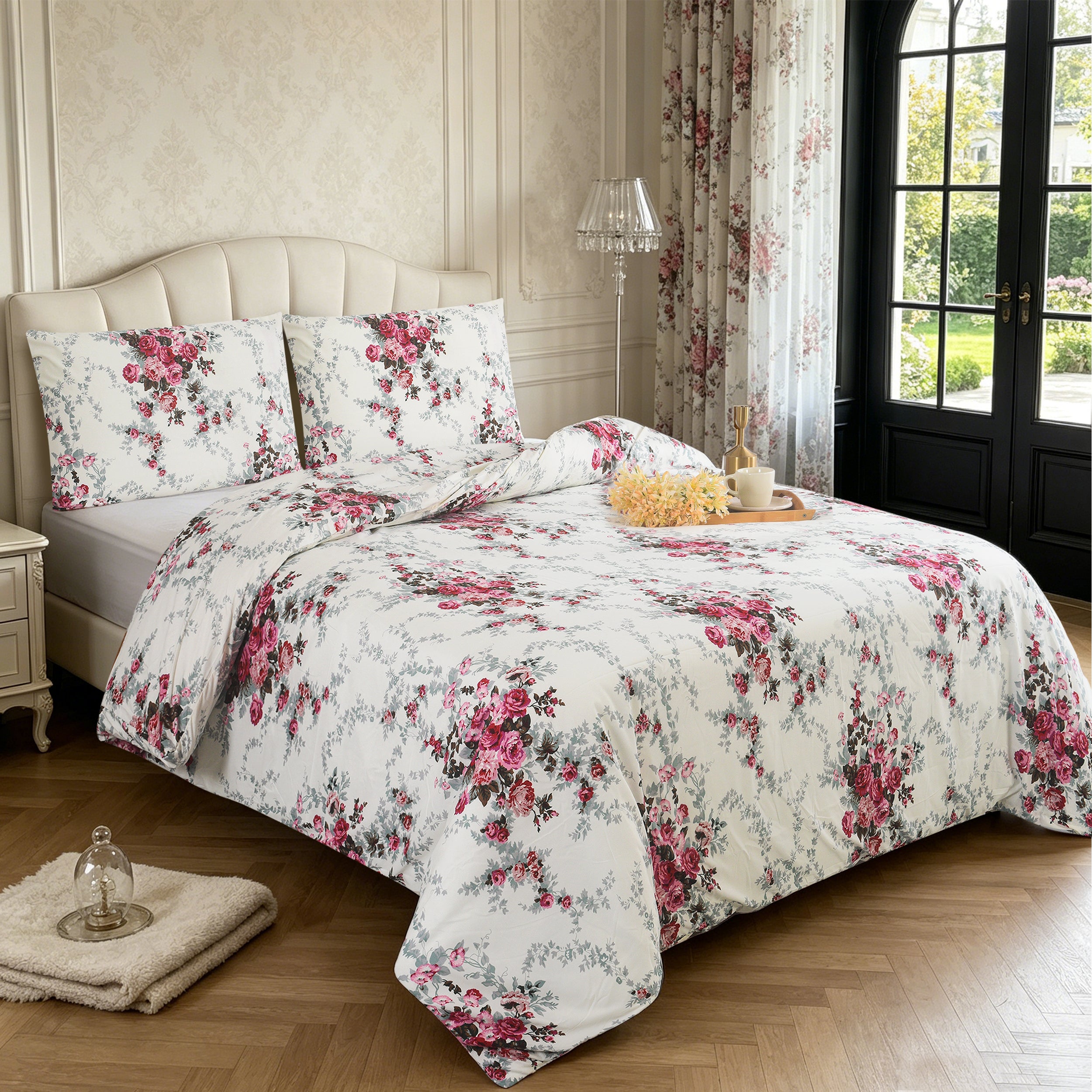 3pcs Printed Floral Duvet Set, Soft Bedding Set for Single Double King Super King, Elegant Duvet Cover Set with Pillowcases