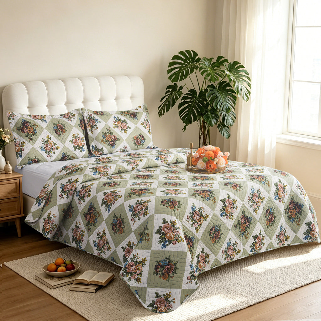 3 Piece Luxury Quilted Bedspread Set – Reversible Floral Patchwork Bedspread with Pillow Shams | Soft Microfibre Bed Throw for Double & King Size Beds