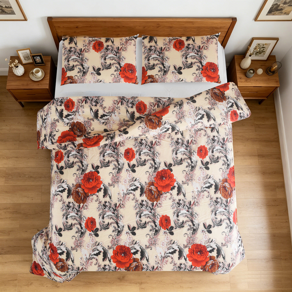 3pcs Printed Floral Duvet Set, Soft Bedding Set for Single Double King Super King, Elegant Duvet Cover Set with Pillowcases