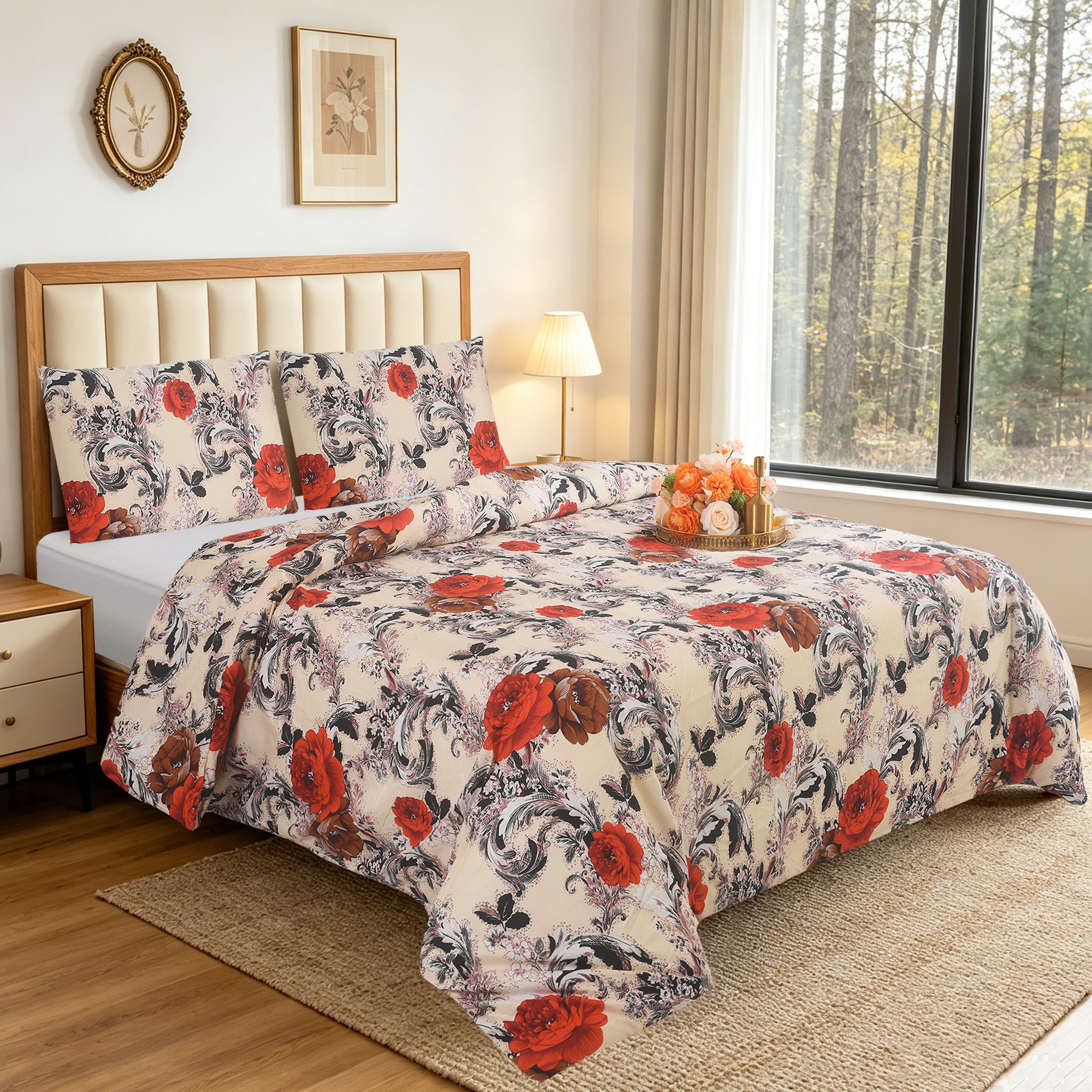 3pcs Printed Floral Duvet Set, Soft Bedding Set for Single Double King Super King, Elegant Duvet Cover Set with Pillowcases