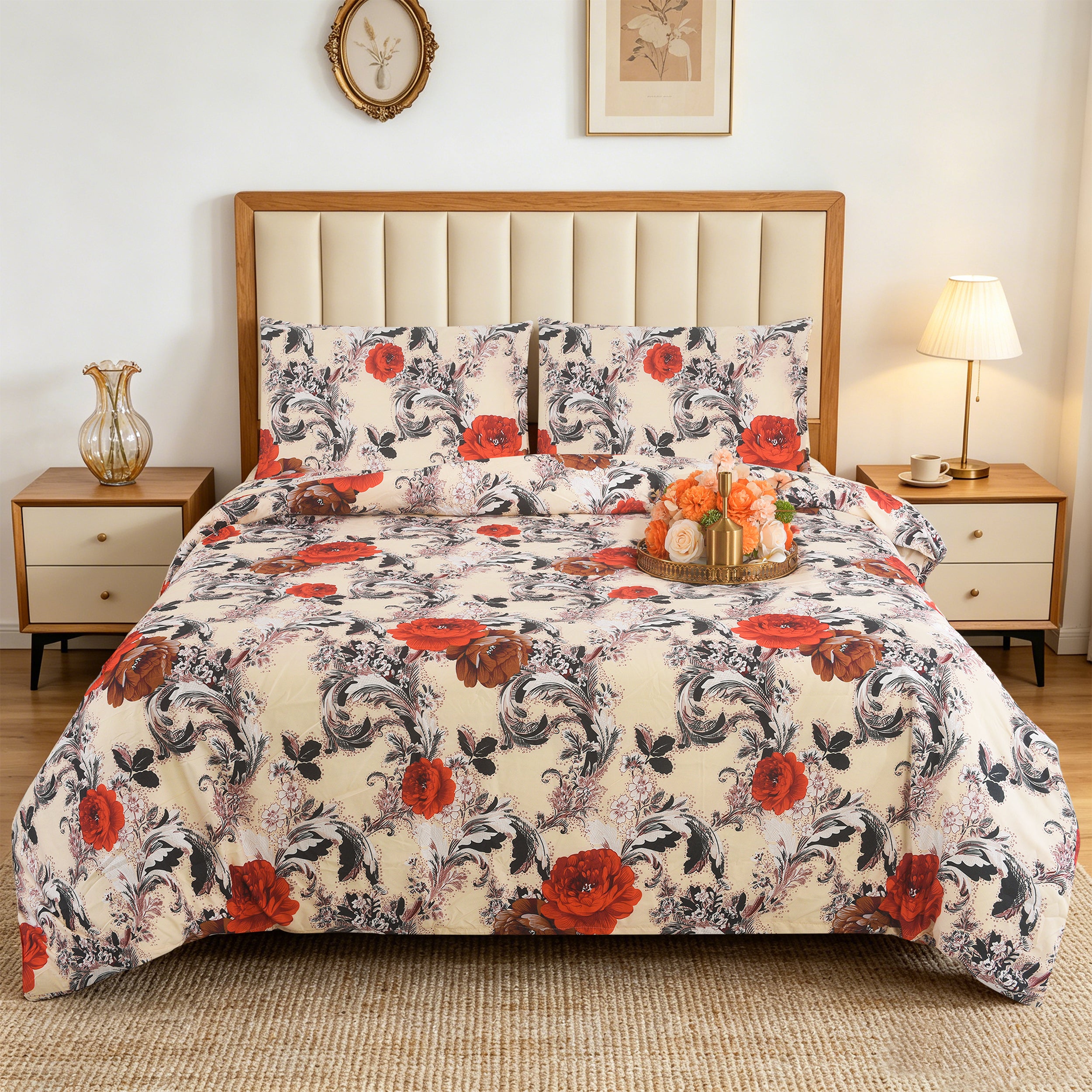 3pcs Printed Floral Duvet Set, Soft Bedding Set for Single Double King Super King, Elegant Duvet Cover Set with Pillowcases