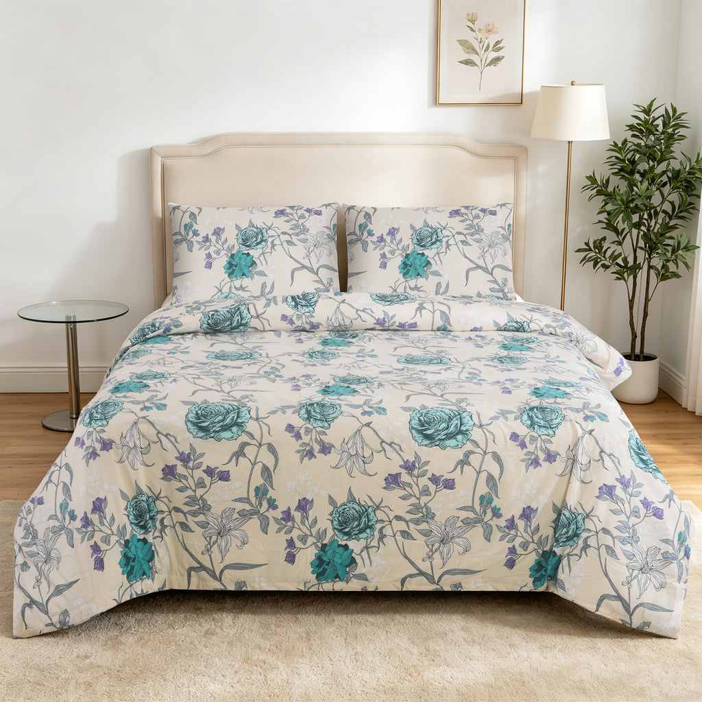 3pcs Printed Floral Duvet Set, Soft Bedding Set for Single Double King Super King, Elegant Duvet Cover Set with Pillowcases