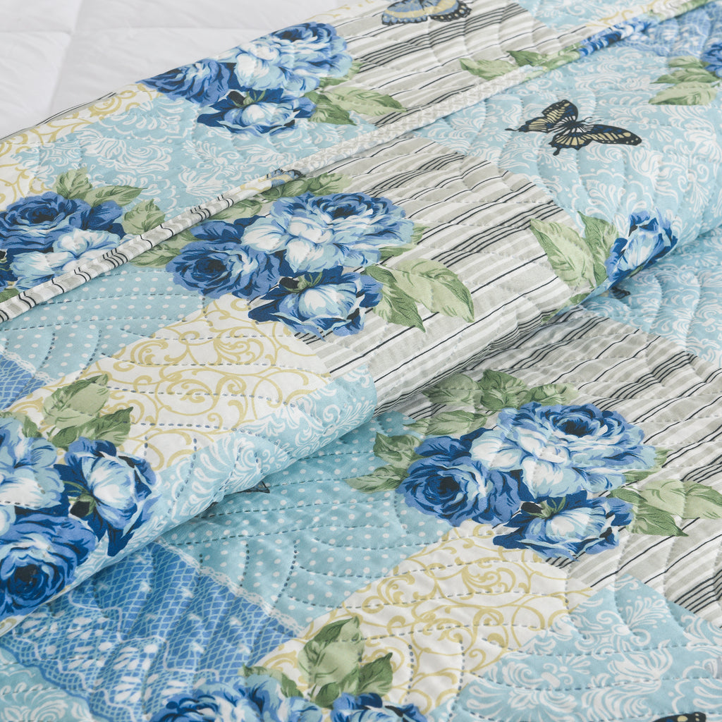 3 Piece Luxury Quilted Bedspread Set – Reversible Floral Patchwork Bedspread with Pillow Shams | Soft Microfibre Bed Throw for Double & King Size Beds