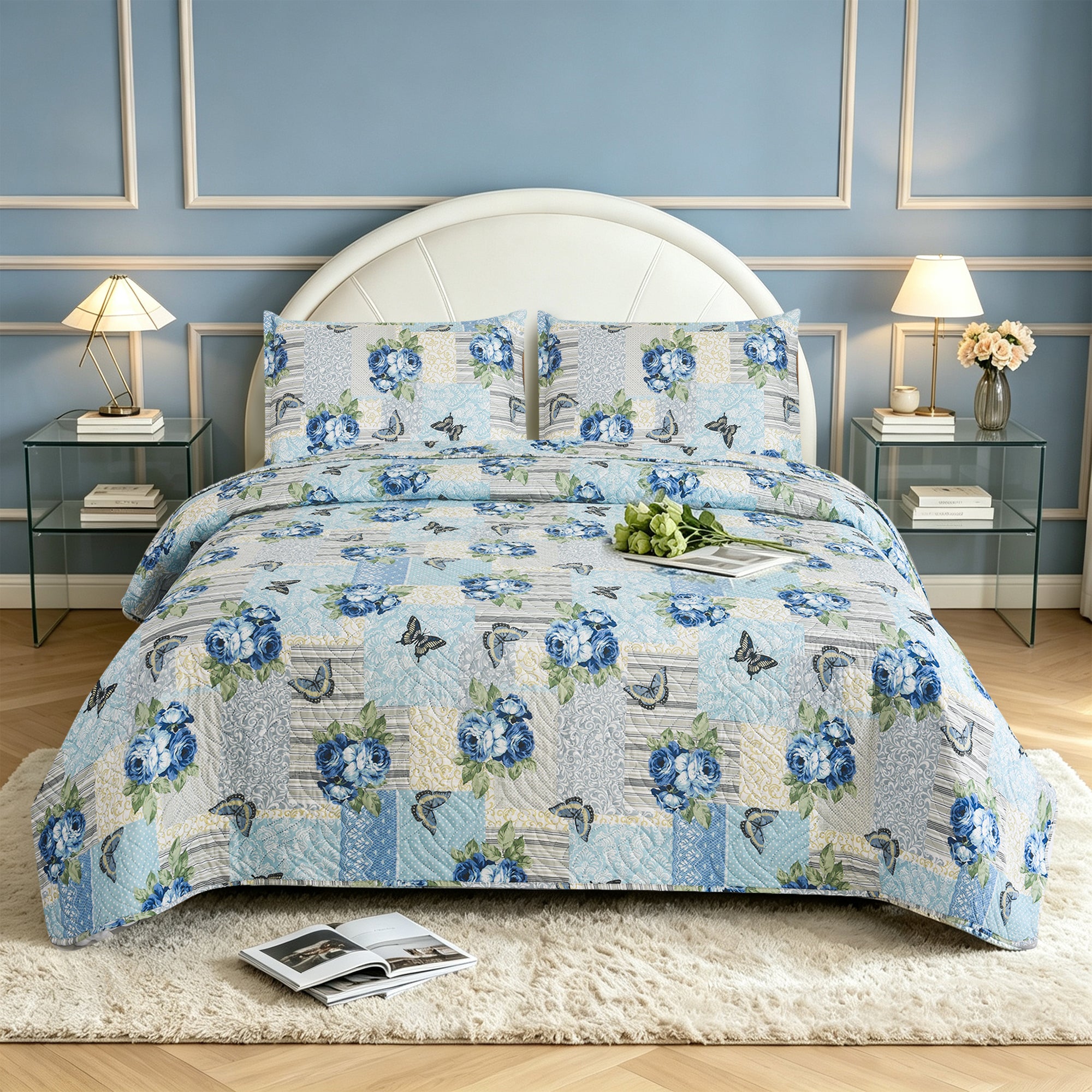 3 Piece Luxury Quilted Bedspread Set – Reversible Floral Patchwork Bedspread with Pillow Shams | Soft Microfibre Bed Throw for Double & King Size Beds