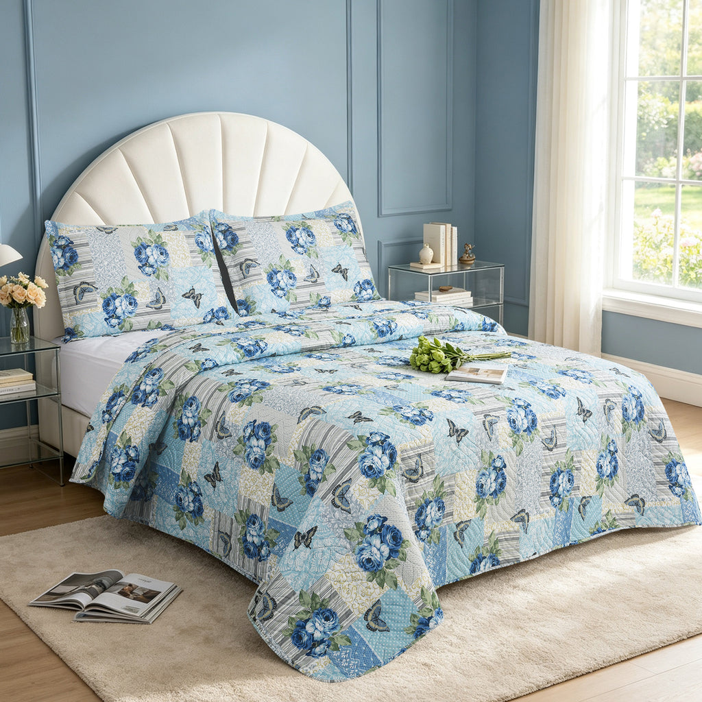 3 Piece Luxury Quilted Bedspread Set – Reversible Floral Patchwork Bedspread with Pillow Shams | Soft Microfibre Bed Throw for Double & King Size Beds