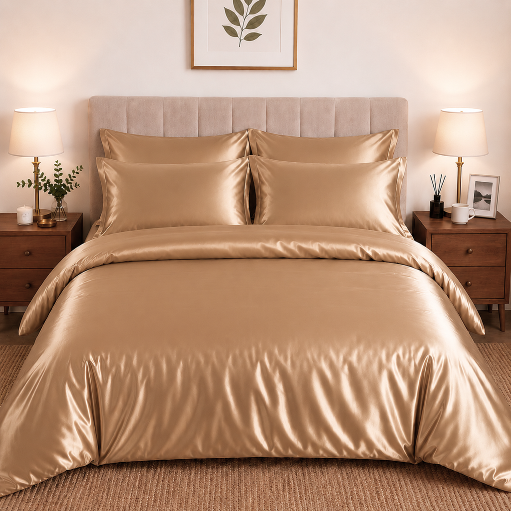 Luxury Satin Silk Bedding Set 6 Piece Duvet Cover Fitted Sheet & Pillowcases Single Double King Super King