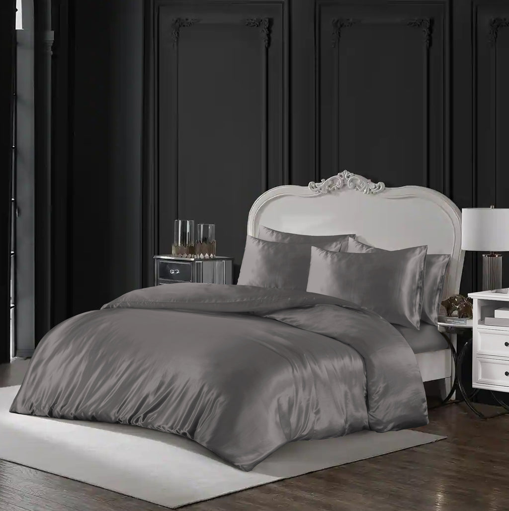 MillPrice Luxury 10 Piece Satin Bedding Set Duvet Cover Fitted Sheet Pillowcases Sleep Mask & Hair Accessories
