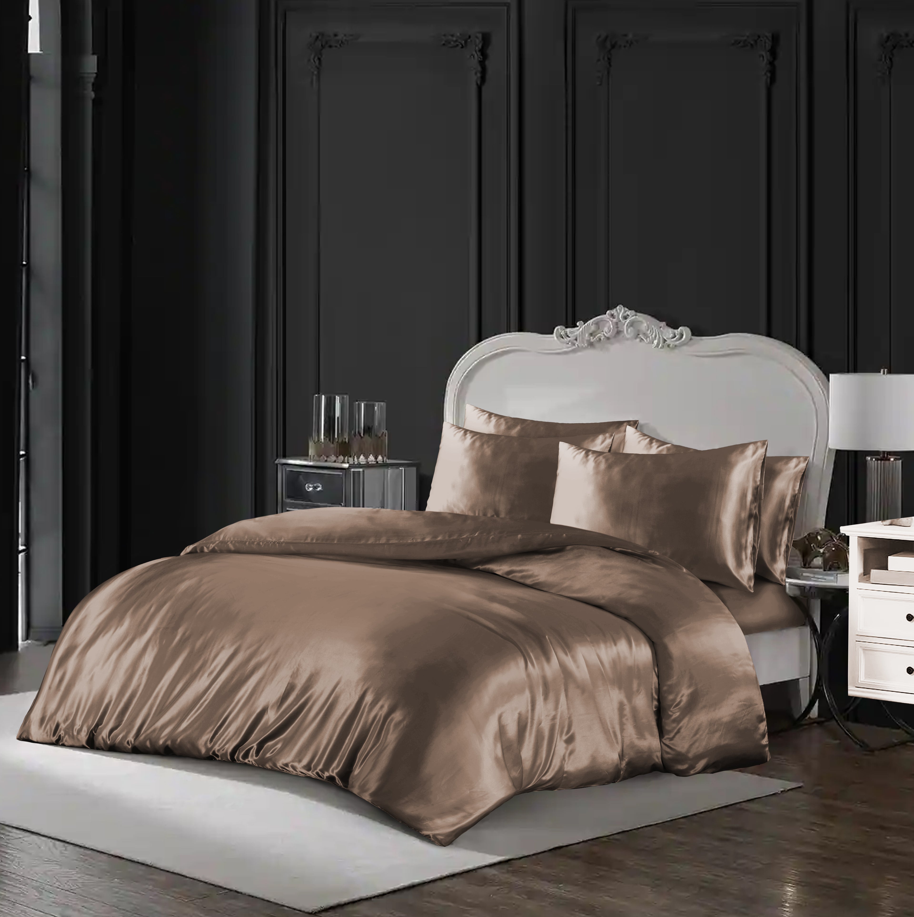 MillPrice Luxury 10 Piece Satin Bedding Set Duvet Cover Fitted Sheet Pillowcases Sleep Mask & Hair Accessories