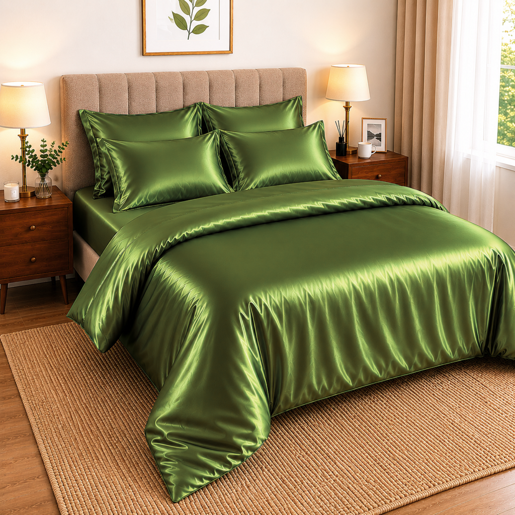 Luxury Satin Silk Bedding Set 6 Piece Duvet Cover Fitted Sheet & Pillowcases Single Double King Super King