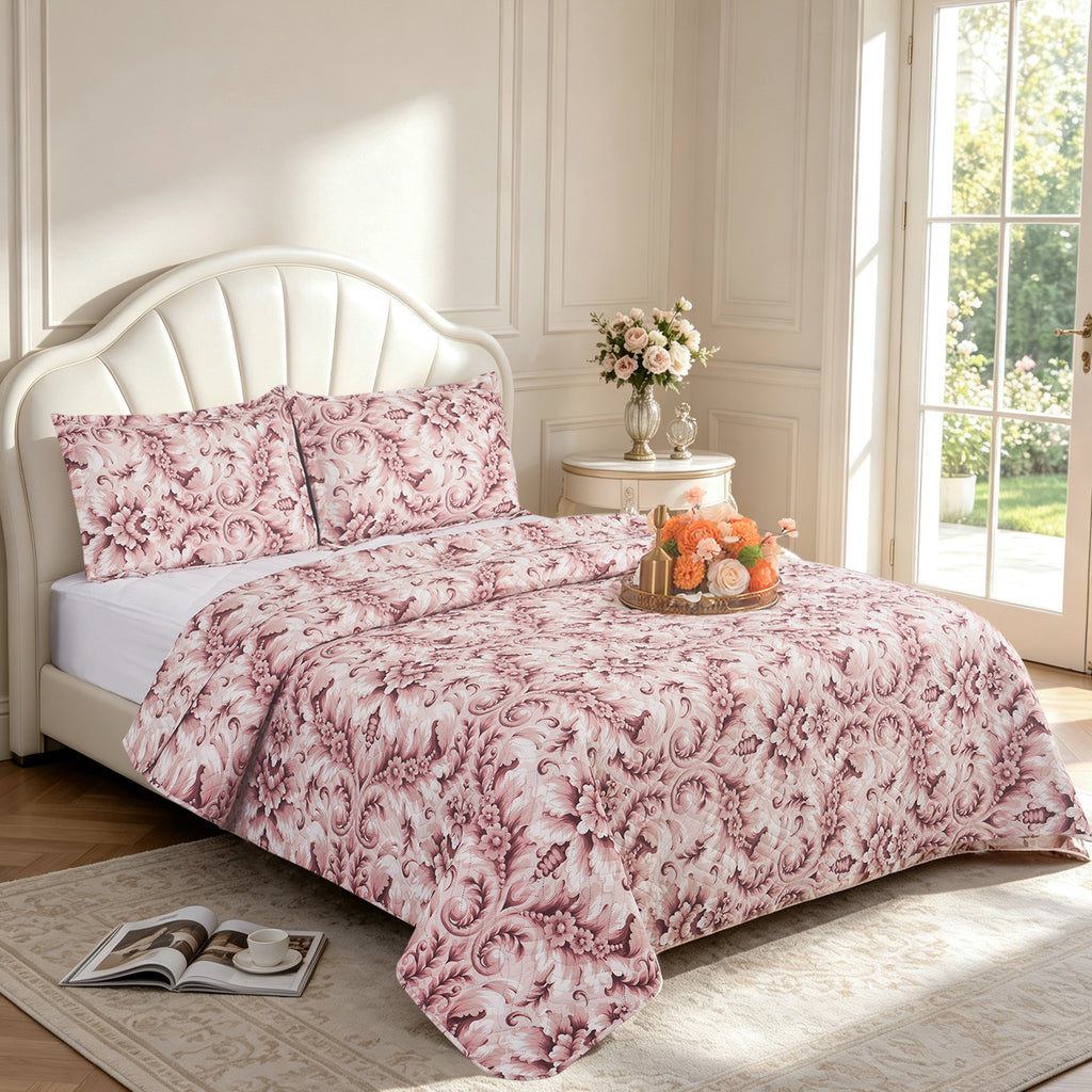 3 Piece Luxury Quilted Bedspread Set – Reversible Floral Patchwork Bedspread with Pillow Shams | Soft Microfibre Bed Throw for Double & King Size Beds