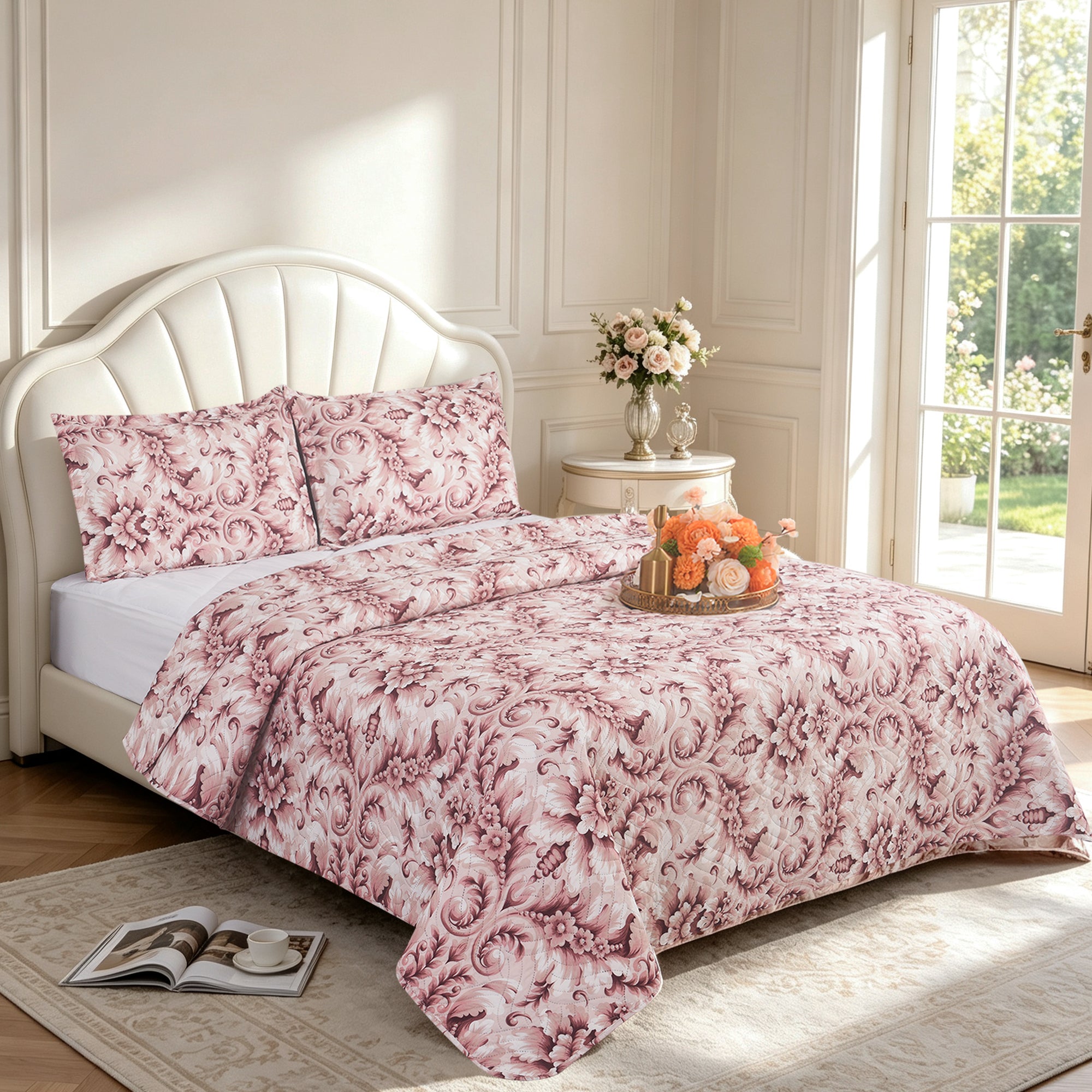 3 Piece Luxury Quilted Bedspread Set – Reversible Floral Patchwork Bedspread with Pillow Shams | Soft Microfibre Bed Throw for Double & King Size Beds