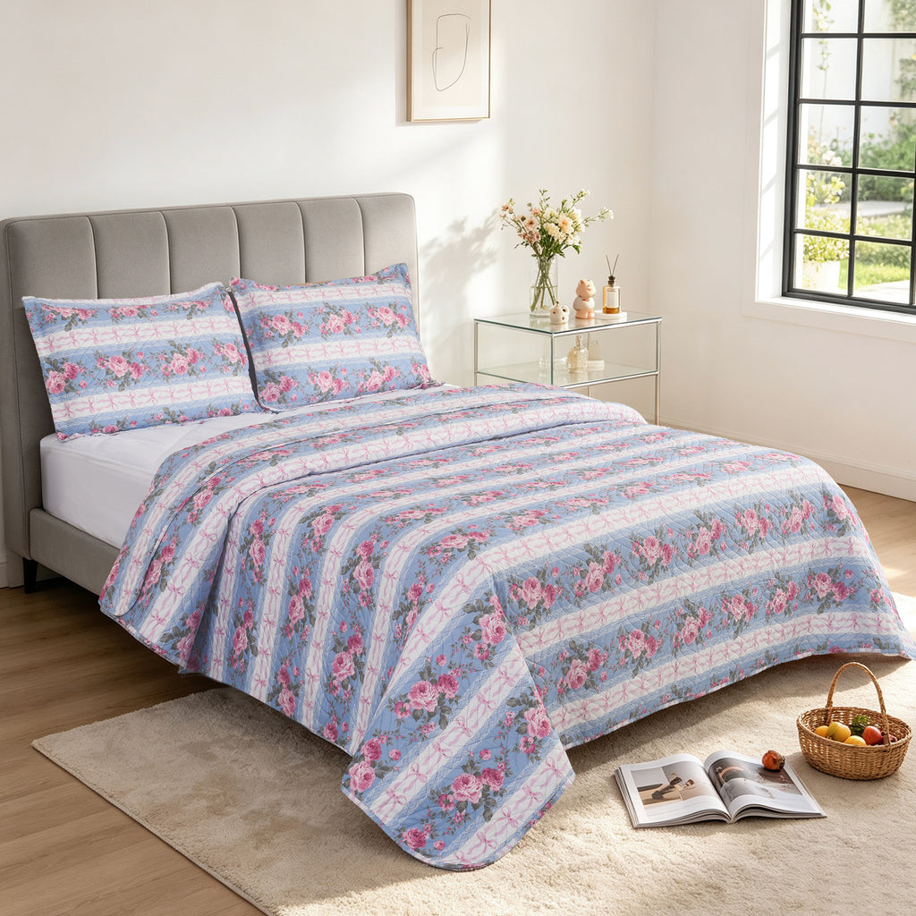 3 Piece Luxury Quilted Bedspread Set – Reversible Floral Patchwork Bedspread with Pillow Shams | Soft Microfibre Bed Throw for Double & King Size Beds