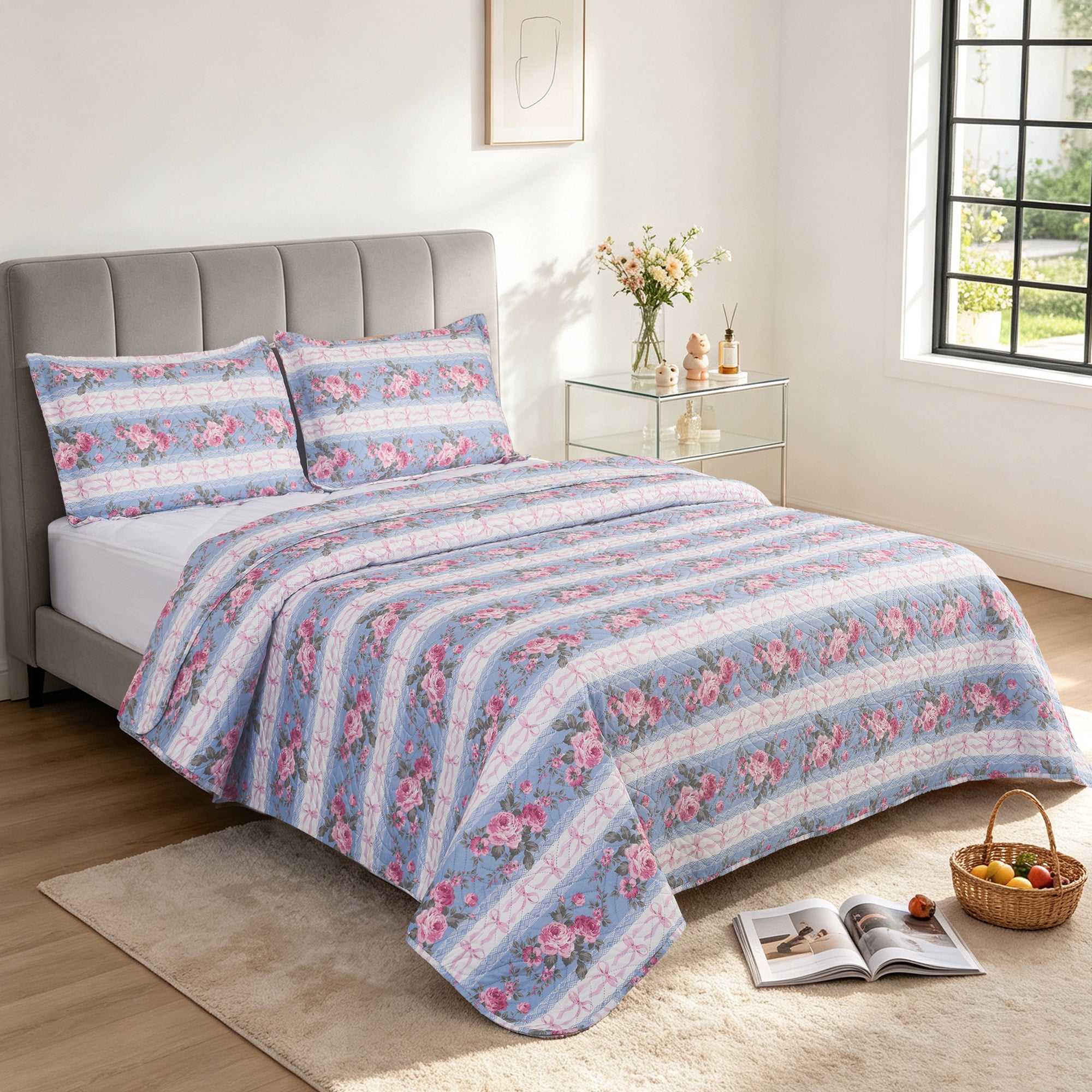 3 Piece Luxury Quilted Bedspread Set – Reversible Floral Patchwork Bedspread with Pillow Shams | Soft Microfibre Bed Throw for Double & King Size Beds