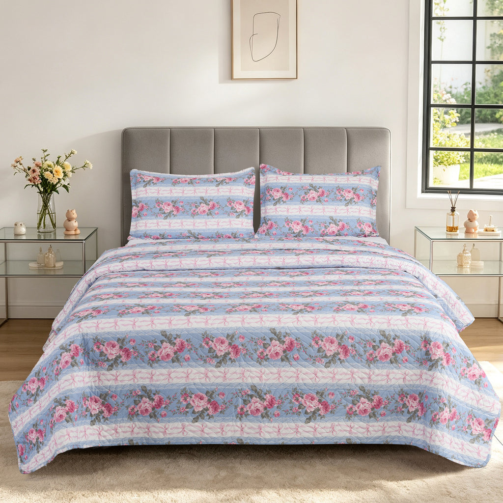 3 Piece Luxury Quilted Bedspread Set – Reversible Floral Patchwork Bedspread with Pillow Shams | Soft Microfibre Bed Throw for Double & King Size Beds