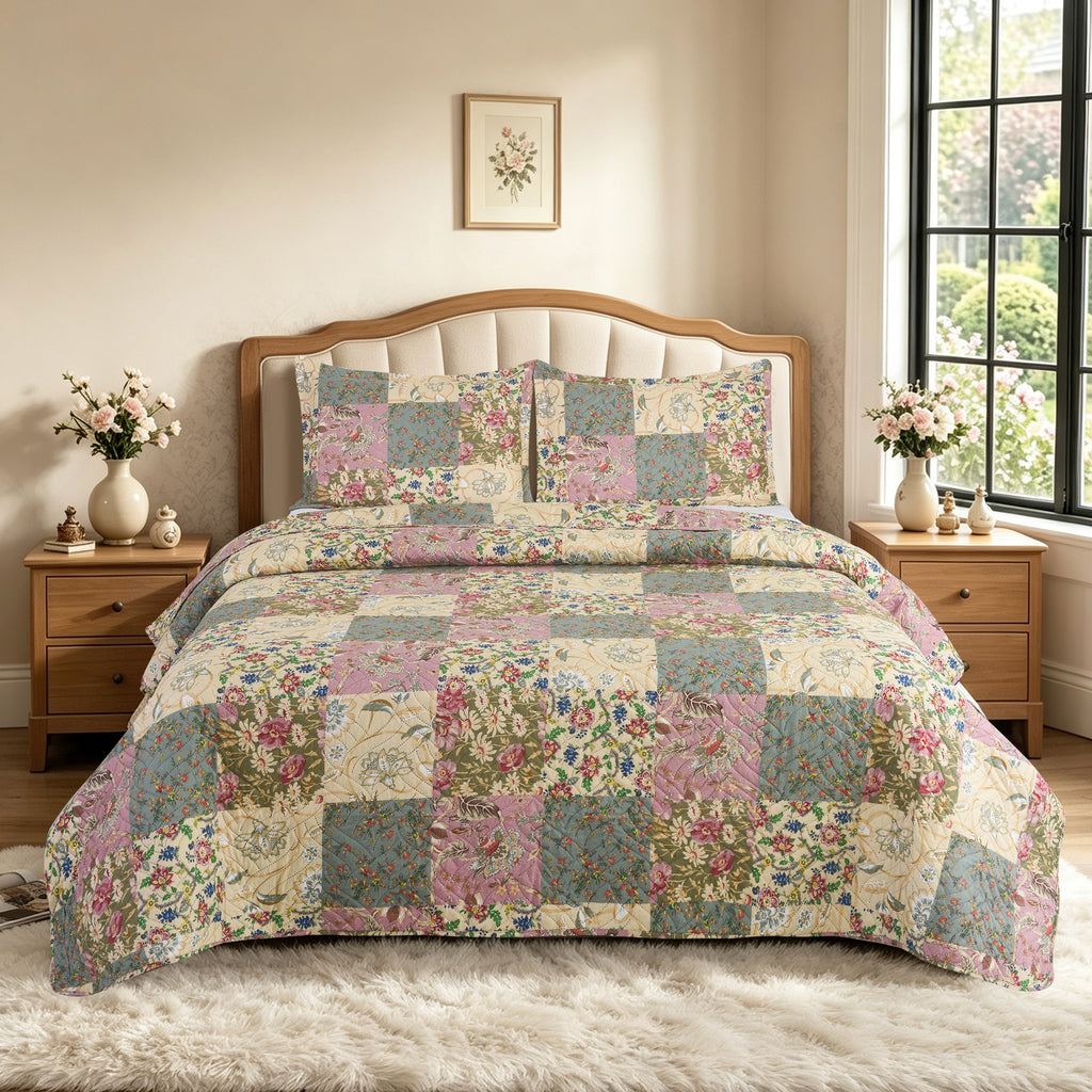 3 Piece Luxury Quilted Bedspread Set – Reversible Floral Patchwork Bedspread with Pillow Shams | Soft Microfibre Bed Throw for Double & King Size Beds