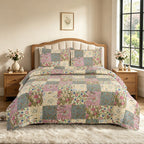 3 Piece Luxury Quilted Bedspread Set – Reversible Floral Patchwork Bedspread with Pillow Shams | Soft Microfibre Bed Throw for Double & King Size Beds