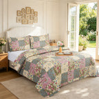 3 Piece Luxury Quilted Bedspread Set – Reversible Floral Patchwork Bedspread with Pillow Shams | Soft Microfibre Bed Throw for Double & King Size Beds