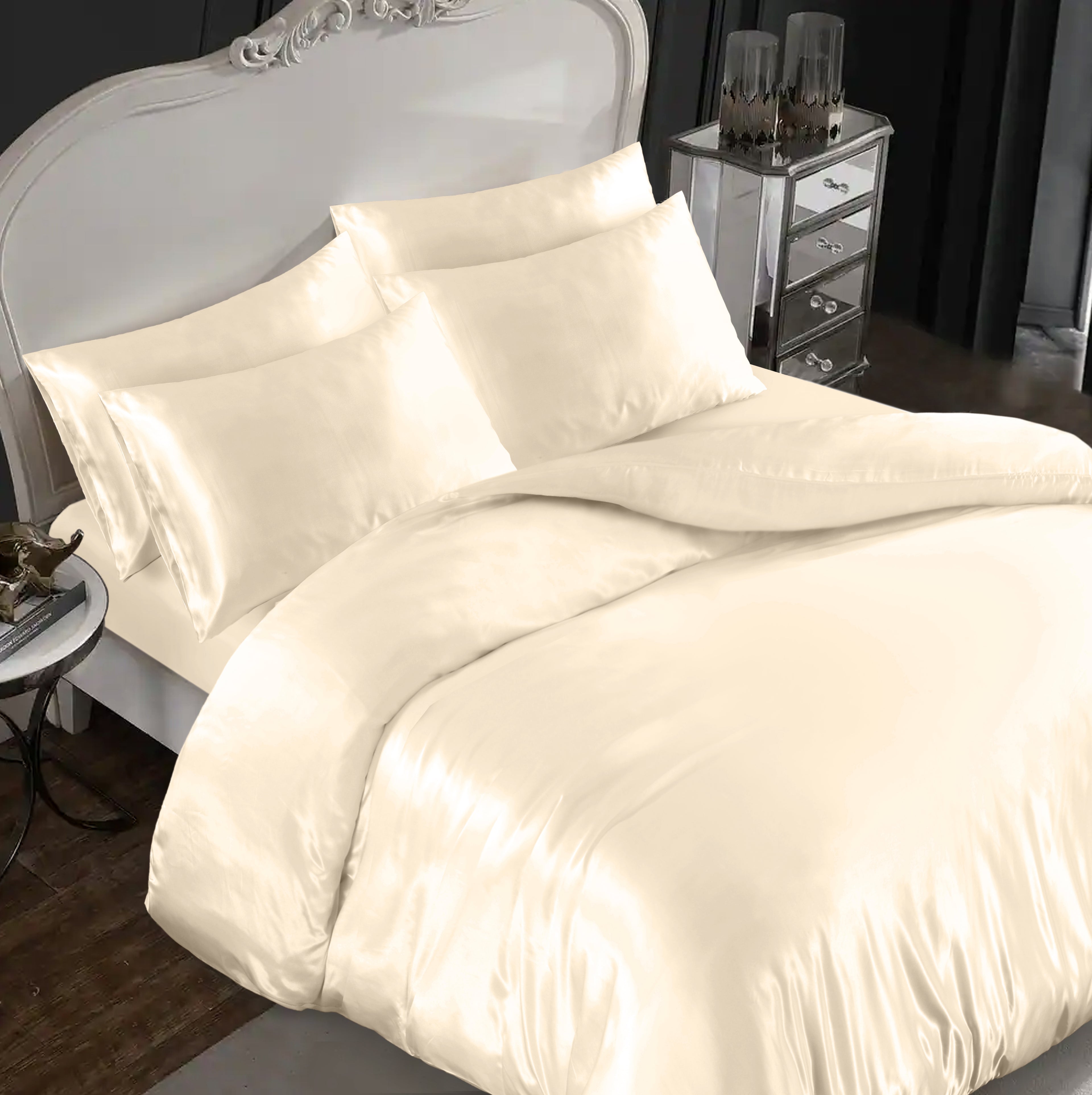 MillPrice Luxury 10 Piece Satin Bedding Set Duvet Cover Fitted Sheet Pillowcases Sleep Mask & Hair Accessories