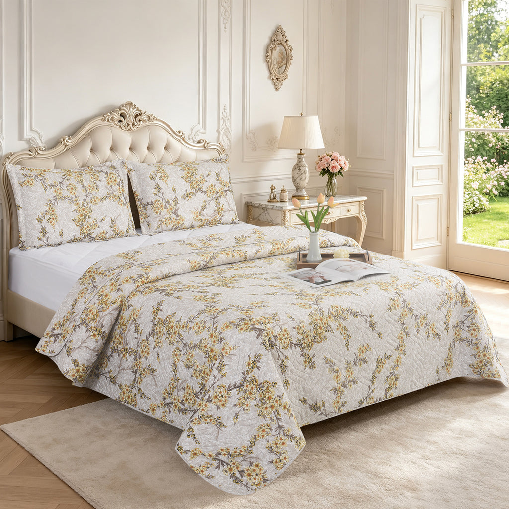3 Piece Luxury Quilted Bedspread Set – Reversible Floral Patchwork Bedspread with Pillow Shams | Soft Microfibre Bed Throw for Double & King Size Beds