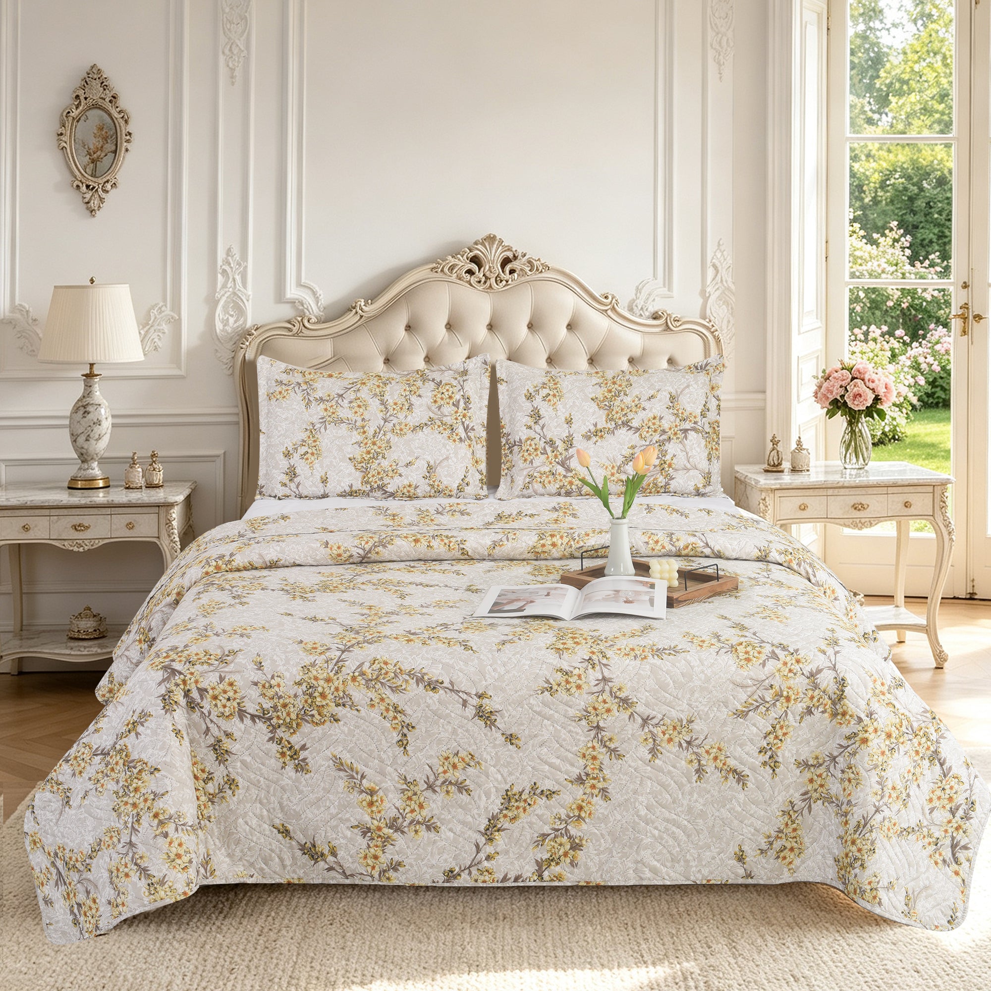 3 Piece Luxury Quilted Bedspread Set – Reversible Floral Patchwork Bedspread with Pillow Shams | Soft Microfibre Bed Throw for Double & King Size Beds