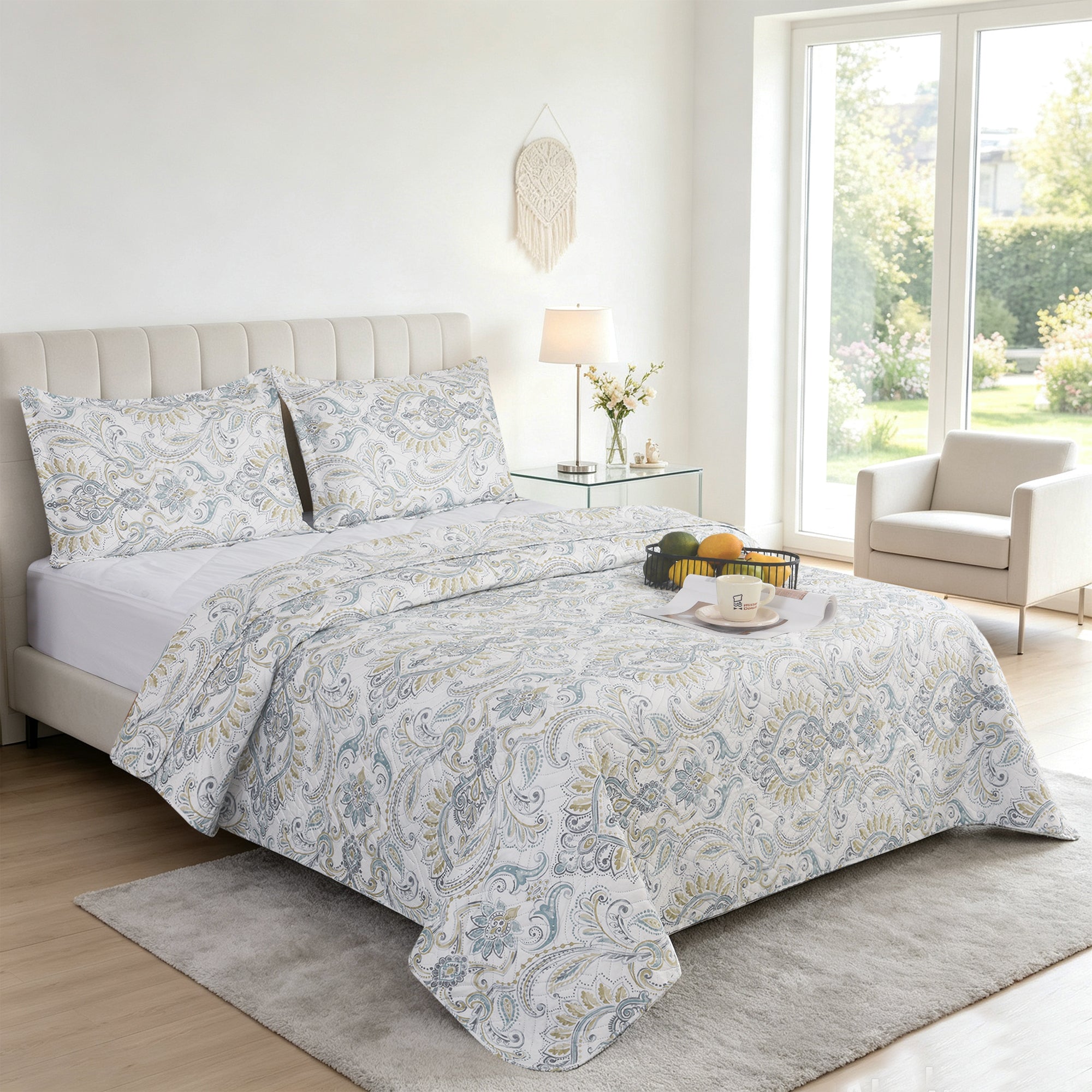 3 Piece Luxury Quilted Bedspread Set – Reversible Floral Patchwork Bedspread with Pillow Shams | Soft Microfibre Bed Throw for Double & King Size Beds