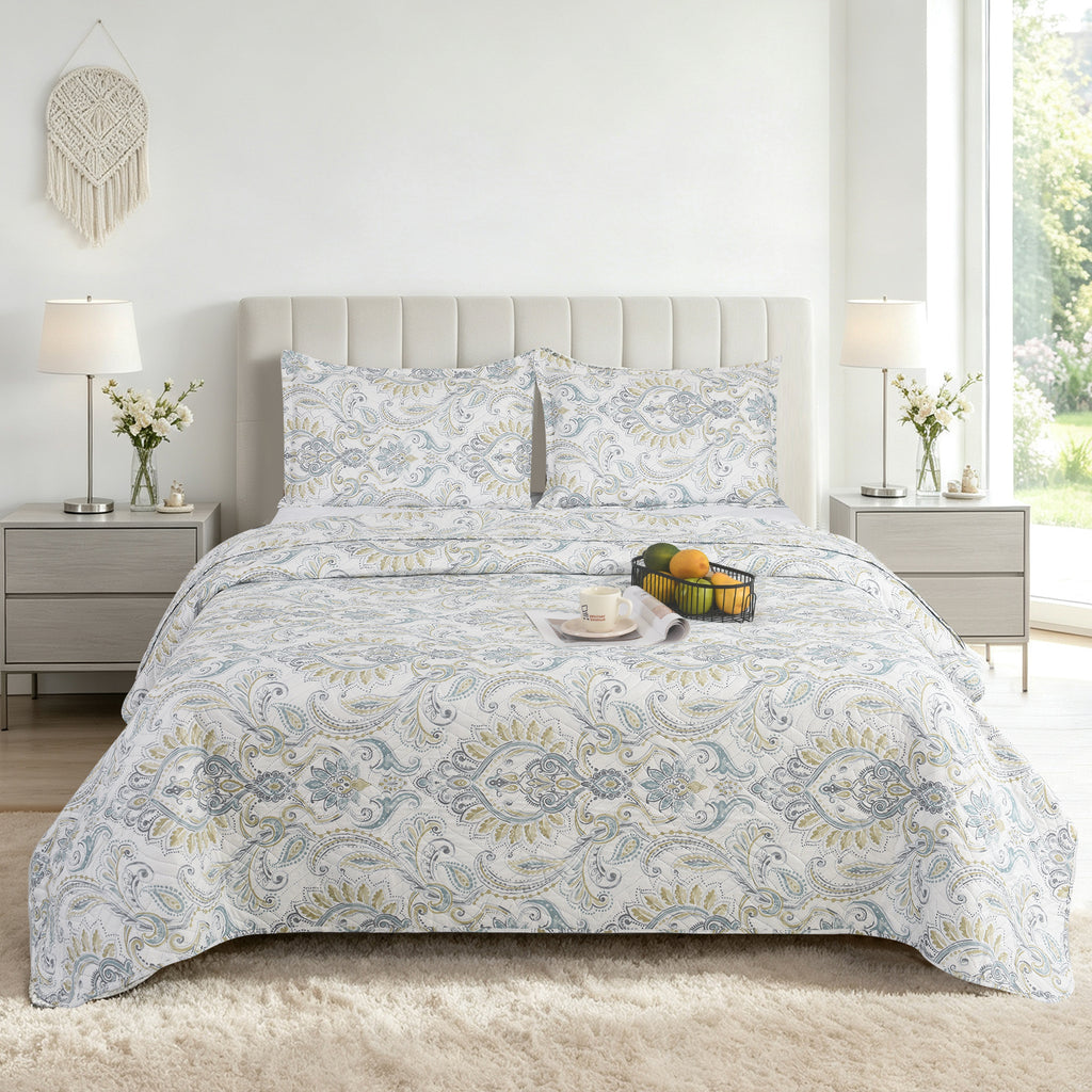 3 Piece Luxury Quilted Bedspread Set – Reversible Floral Patchwork Bedspread with Pillow Shams | Soft Microfibre Bed Throw for Double & King Size Beds