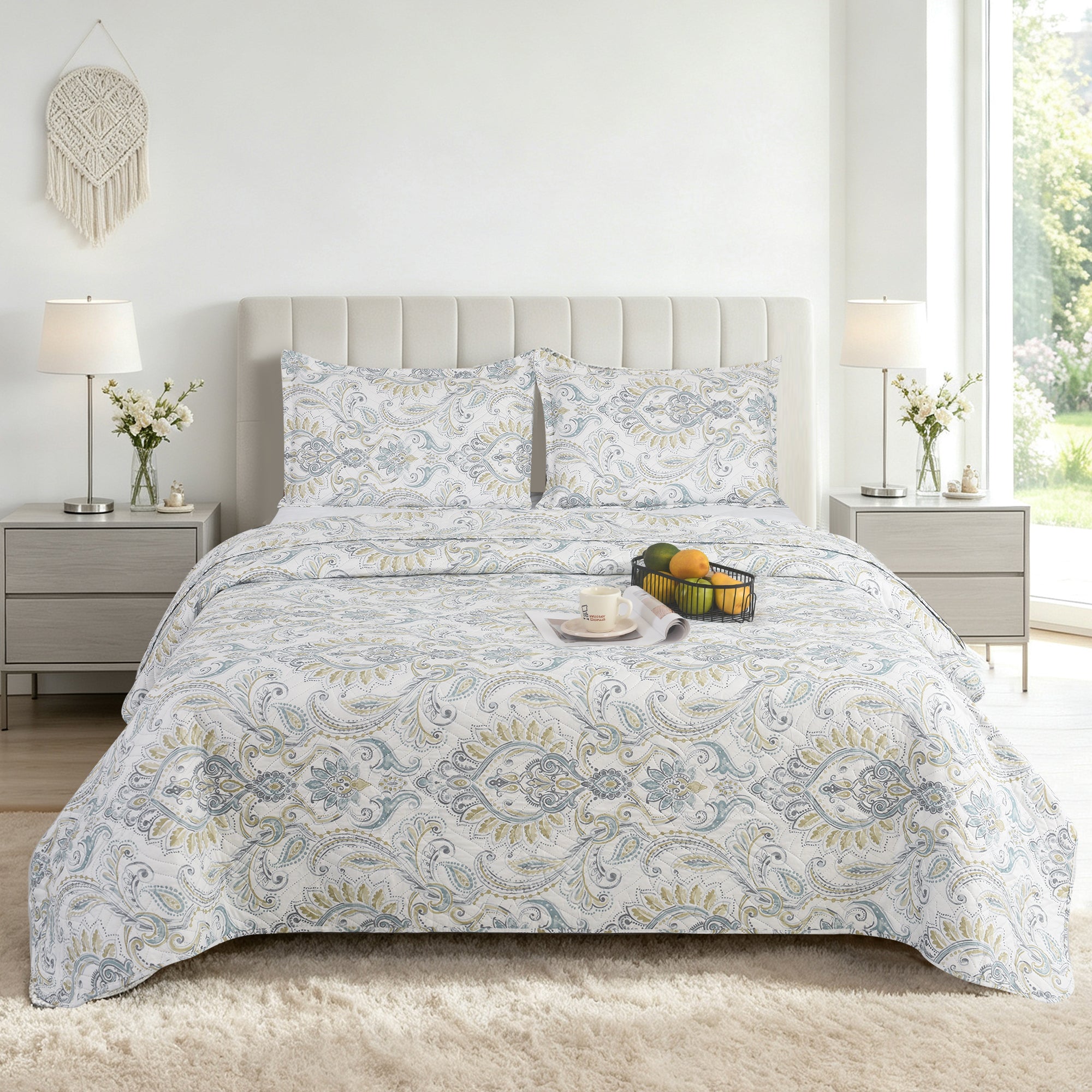 3 Piece Luxury Quilted Bedspread Set – Reversible Floral Patchwork Bedspread with Pillow Shams | Soft Microfibre Bed Throw for Double & King Size Beds