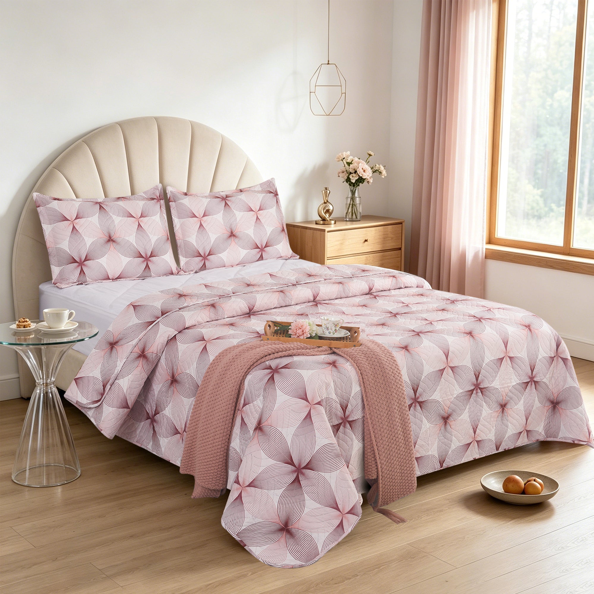 3 Piece Luxury Quilted Bedspread Set – Reversible Floral Patchwork Bedspread with Pillow Shams | Soft Microfibre Bed Throw for Double & King Size Beds