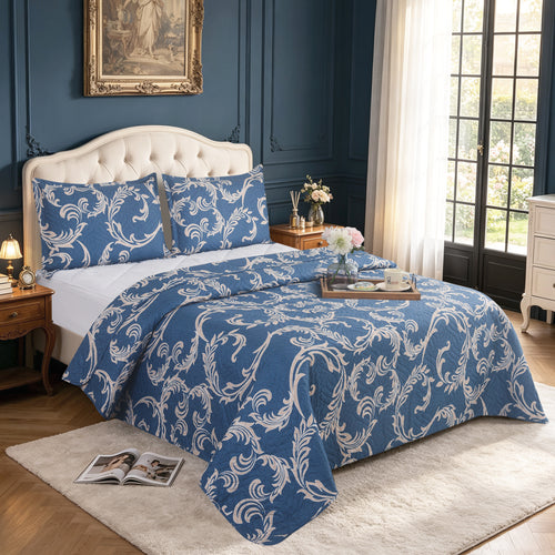 3 Piece Luxury Quilted Bedspread Set – Reversible Floral Patchwork Bedspread with Pillow Shams | Soft Microfibre Bed Throw for Double & King Size Beds