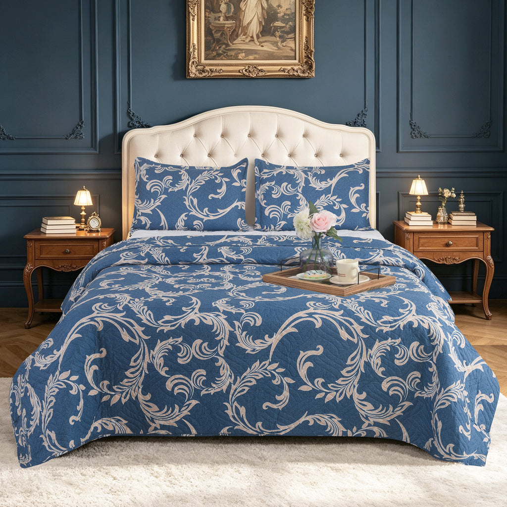 3 Piece Luxury Quilted Bedspread Set – Reversible Floral Patchwork Bedspread with Pillow Shams | Soft Microfibre Bed Throw for Double & King Size Beds