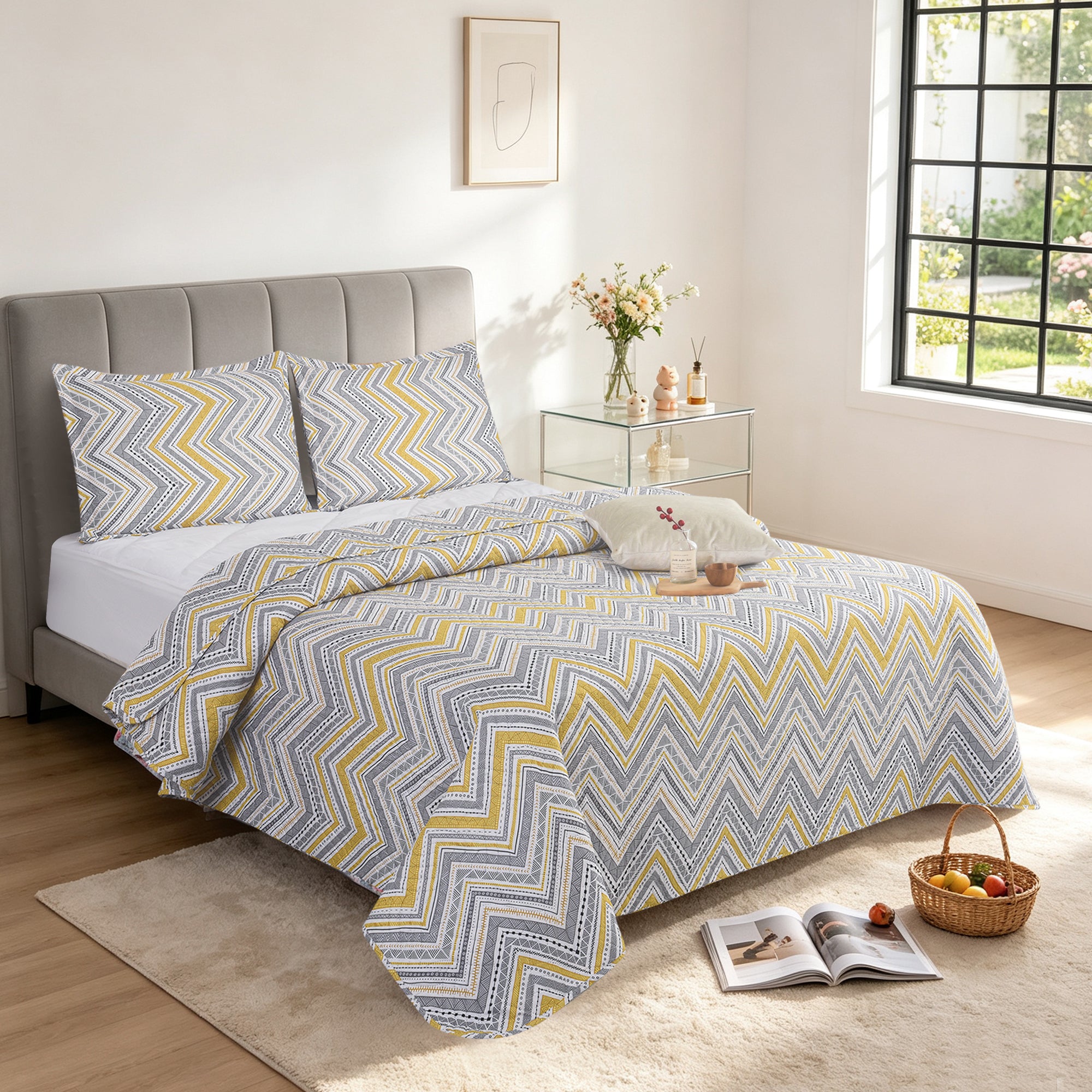 3 Piece Luxury Quilted Bedspread Set – Reversible Floral Patchwork Bedspread with Pillow Shams | Soft Microfibre Bed Throw for Double & King Size Beds