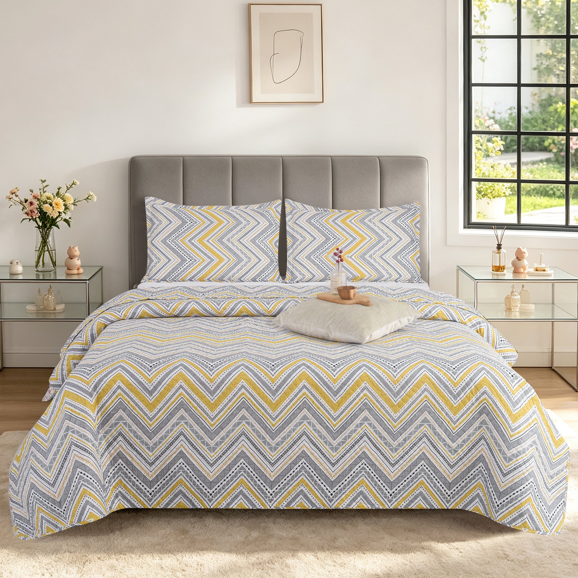 3 Piece Luxury Quilted Bedspread Set – Reversible Floral Patchwork Bedspread with Pillow Shams | Soft Microfibre Bed Throw for Double & King Size Beds