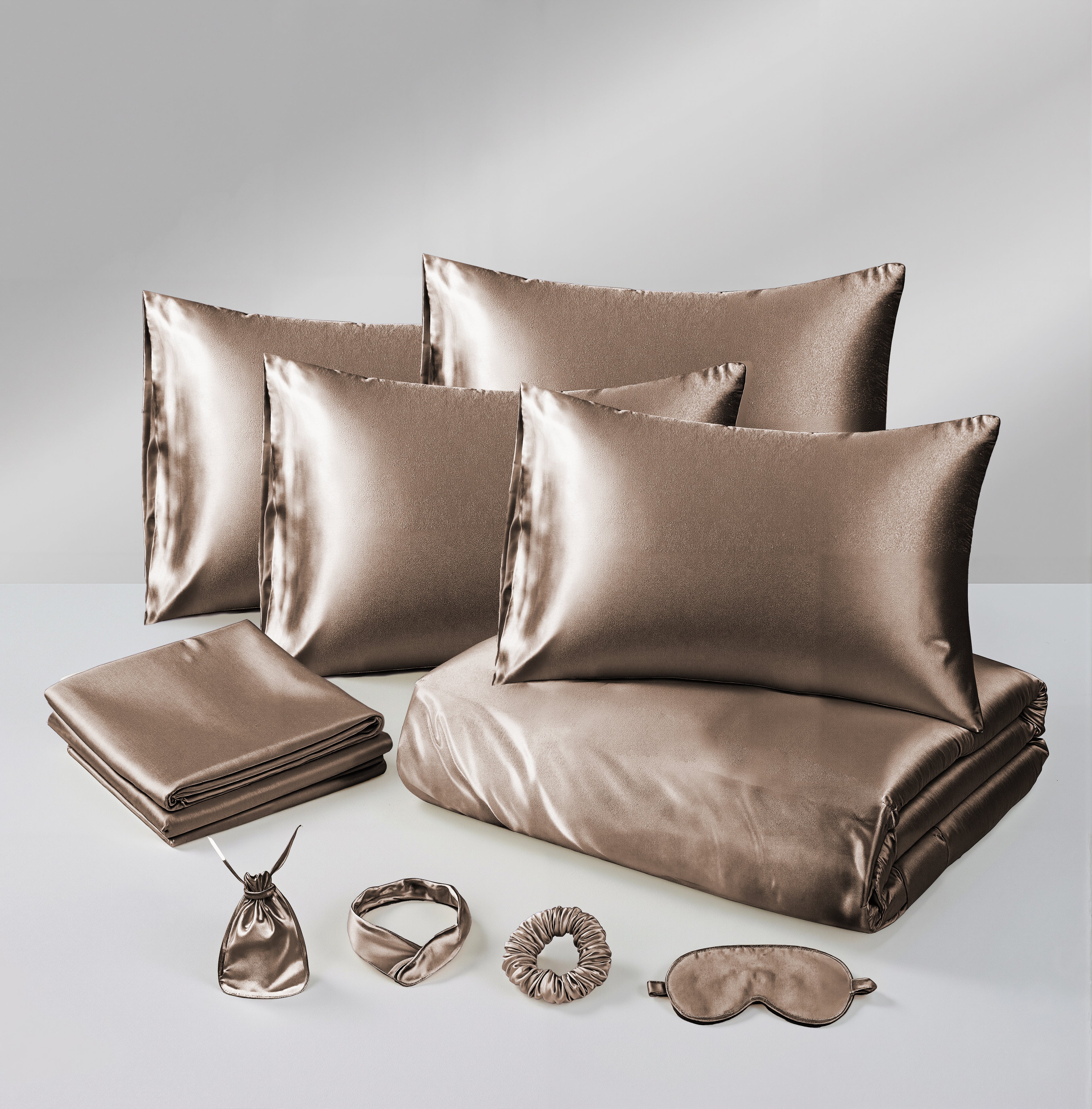 MillPrice Luxury 10 Piece Satin Bedding Set Duvet Cover Fitted Sheet Pillowcases Sleep Mask & Hair Accessories