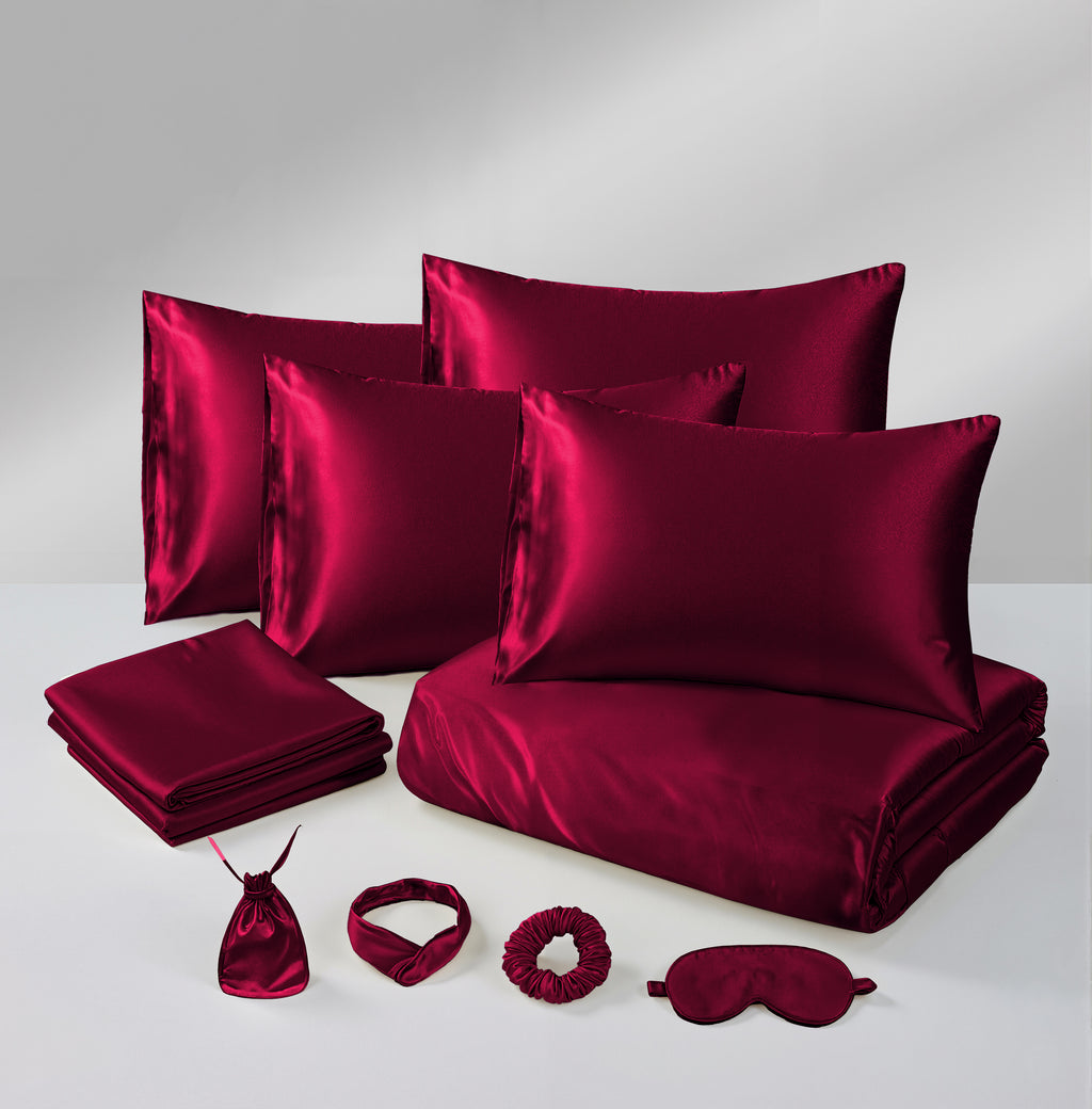 MillPrice Luxury 10 Piece Satin Bedding Set Duvet Cover Fitted Sheet Pillowcases Sleep Mask & Hair Accessories
