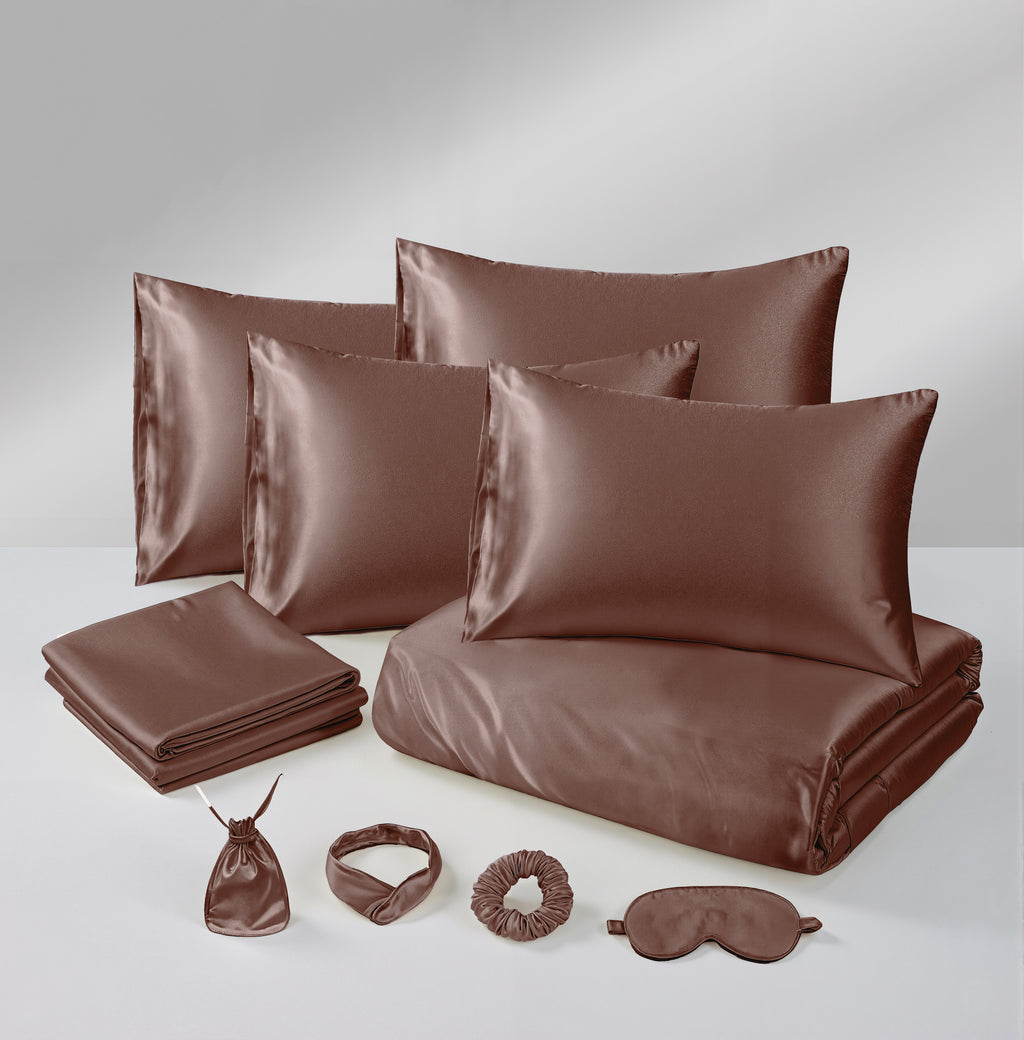 MillPrice Luxury 10 Piece Satin Bedding Set Duvet Cover Fitted Sheet Pillowcases Sleep Mask & Hair Accessories